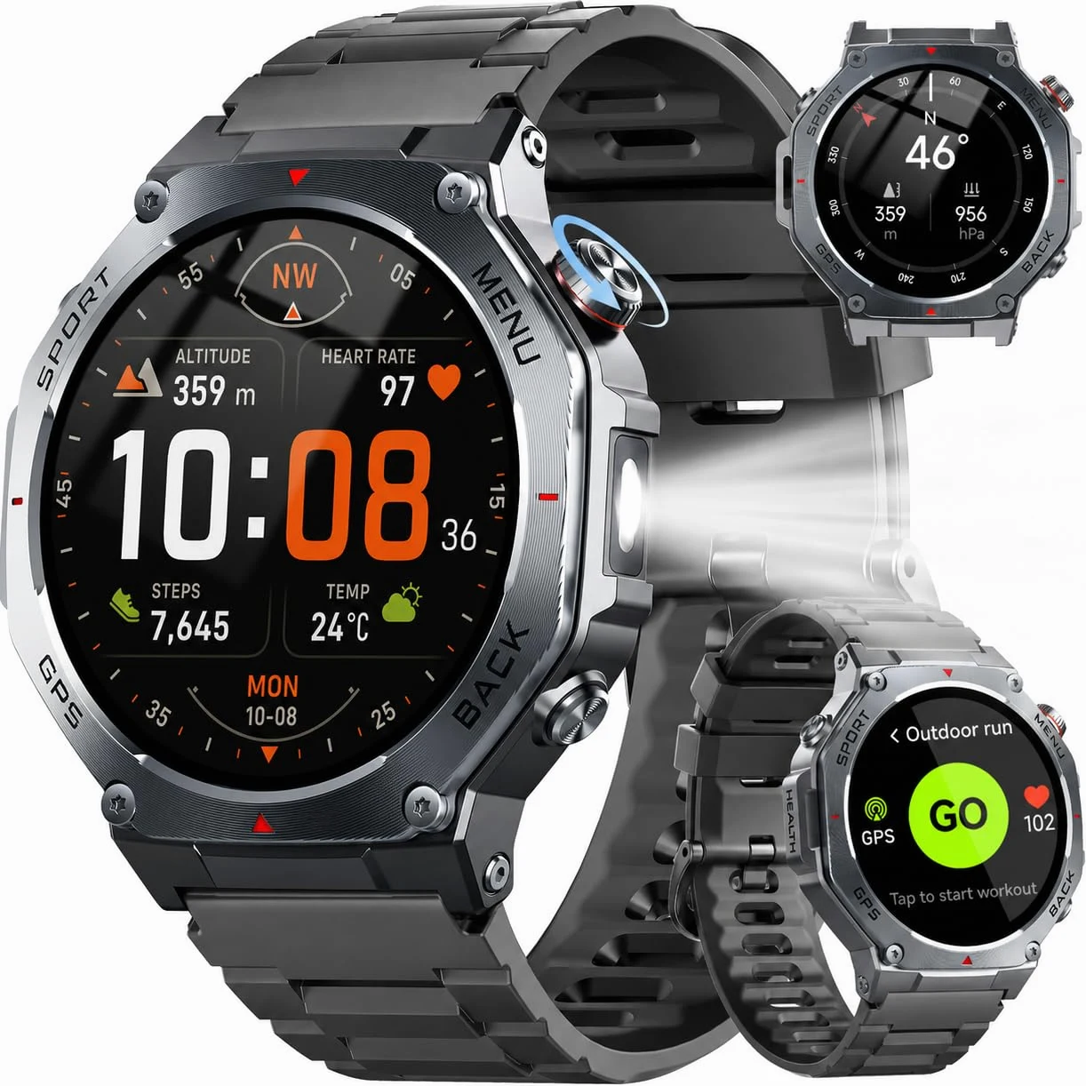 Reloj Inteligente Hombre Militar con GPS y Linterna LED, 5ATM Smartwatch con Brújula llamadas Bluetooth Pulsómetro Oxímetro Sueño, 1.43"AMOLED Reloj Deportivo con 160+Modos Deportivos para IOS Android