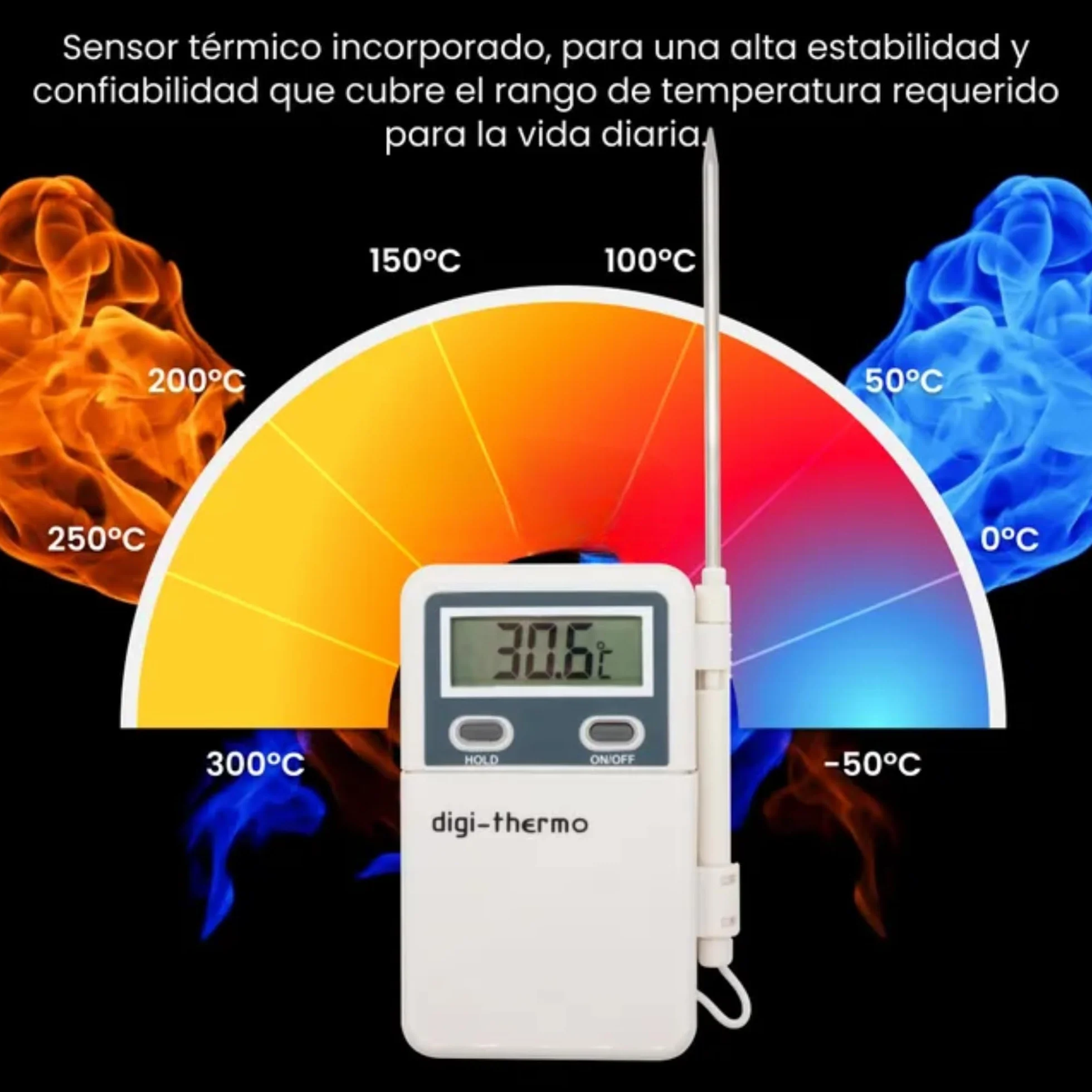 Termómetro digital de mano con sonda, 50° a +300°C, 3V DC (AAA), para climatización y cocina