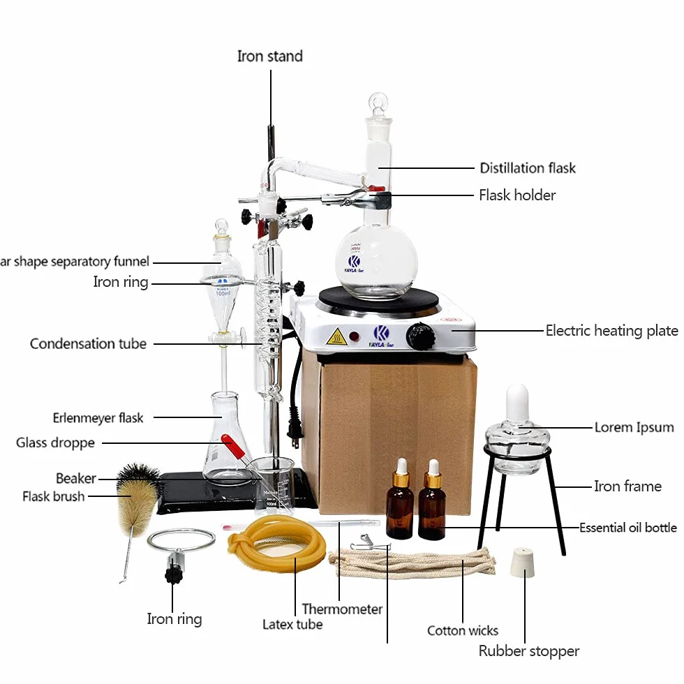 Kit de Destilación y Extracción de Aceite Esencial 500 ml con Estufa de Aire Caliente