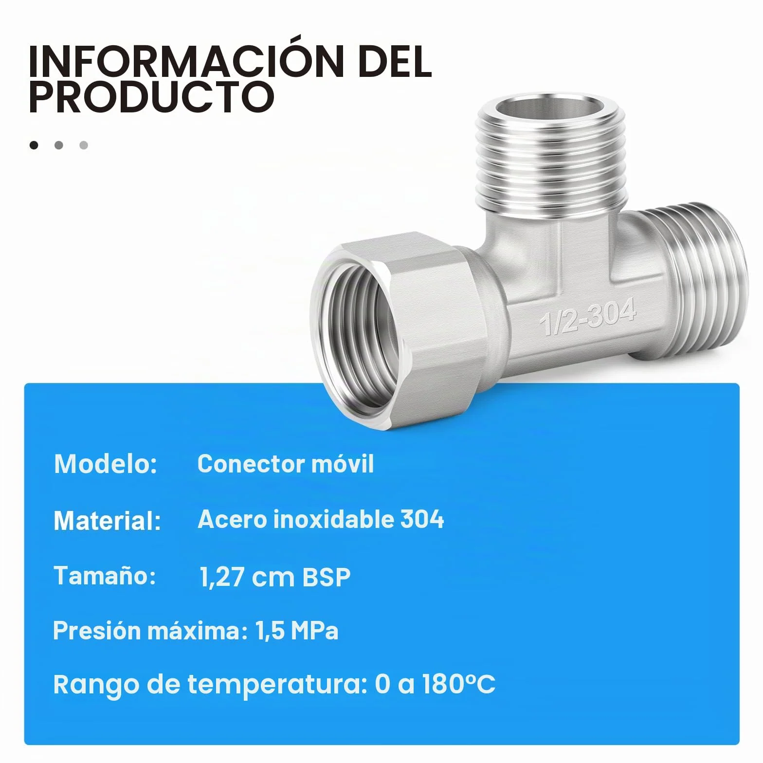 Conector en T flexible 3 vías acero inoxidable 304 1/2" macho BSP tuerca de unión para rociador