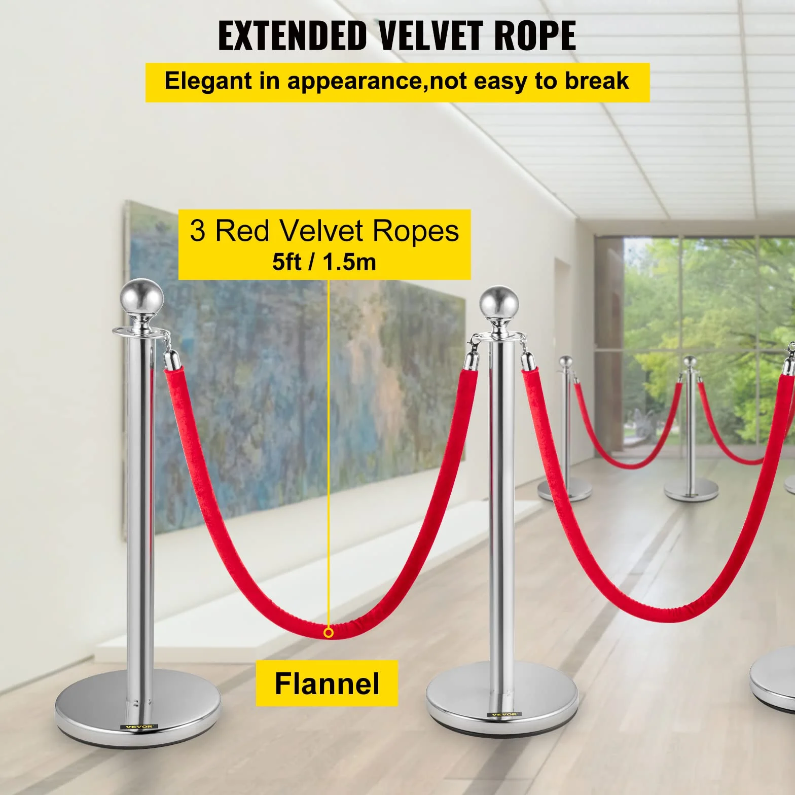 Poste Separador de Cinta Extensible 4 Juegos Barreras de Seguridad 3 Cuerdas 1.5m Plata