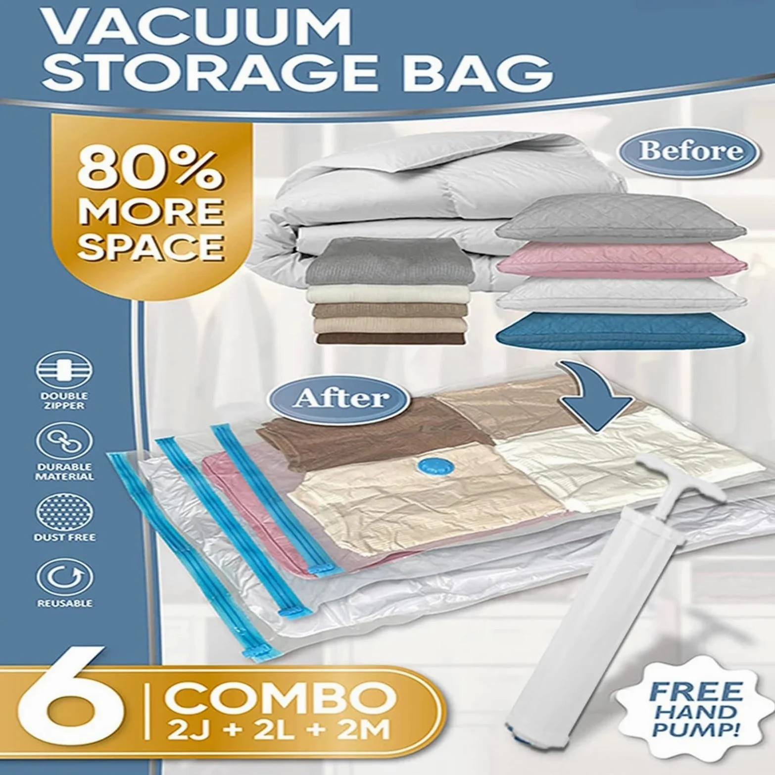 Organizador Maleta Bolsas ahorradoras de espacio for edredones, mantas, ropa, organizador embalaje viaje for el hogar, bomba manual incluida(6 Pack Combo)