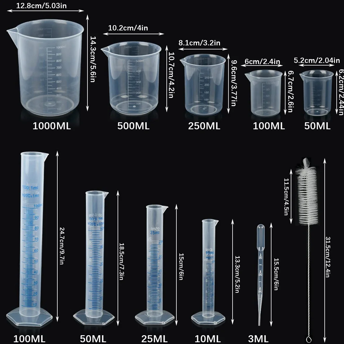 Juego cilindros graduados de plástico medición vasos tubos ensayo jarras frascos laboratorio ciencia pipetas cepillos transferencia líquidos 15pcs