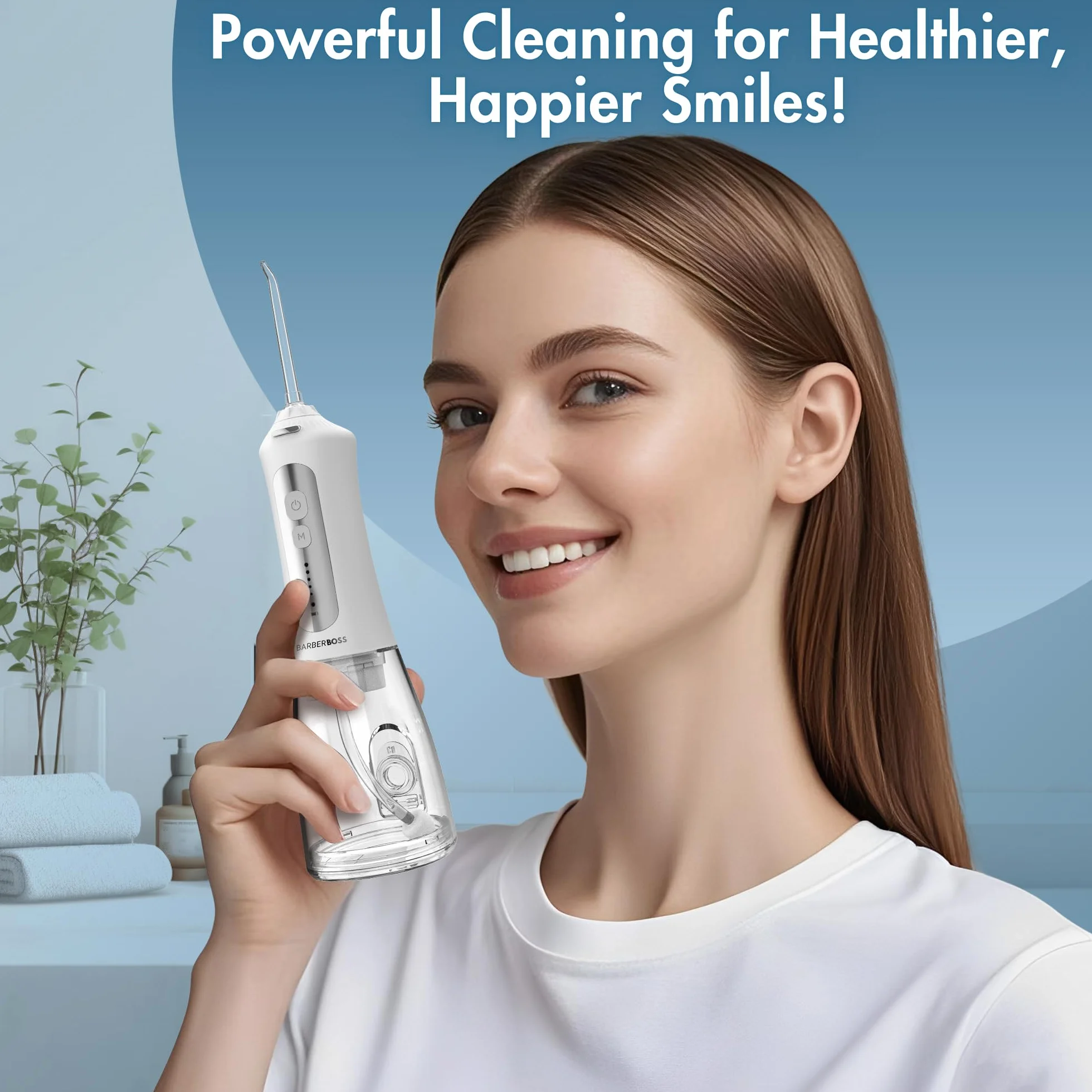 BarberBoss Irrigador Bucal Eléctrico, Limpiador de Dientes, 5 Boquillas, QR-7024 Blanco