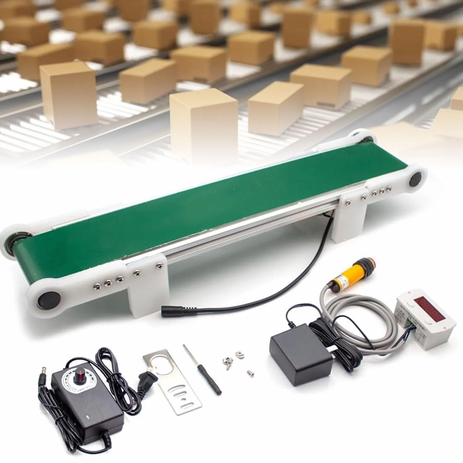 Cinta transportadora de escritorio pequeña, carril de carga eléctrico velocidad ajustable 1,8-7,6 cm/s contador automático