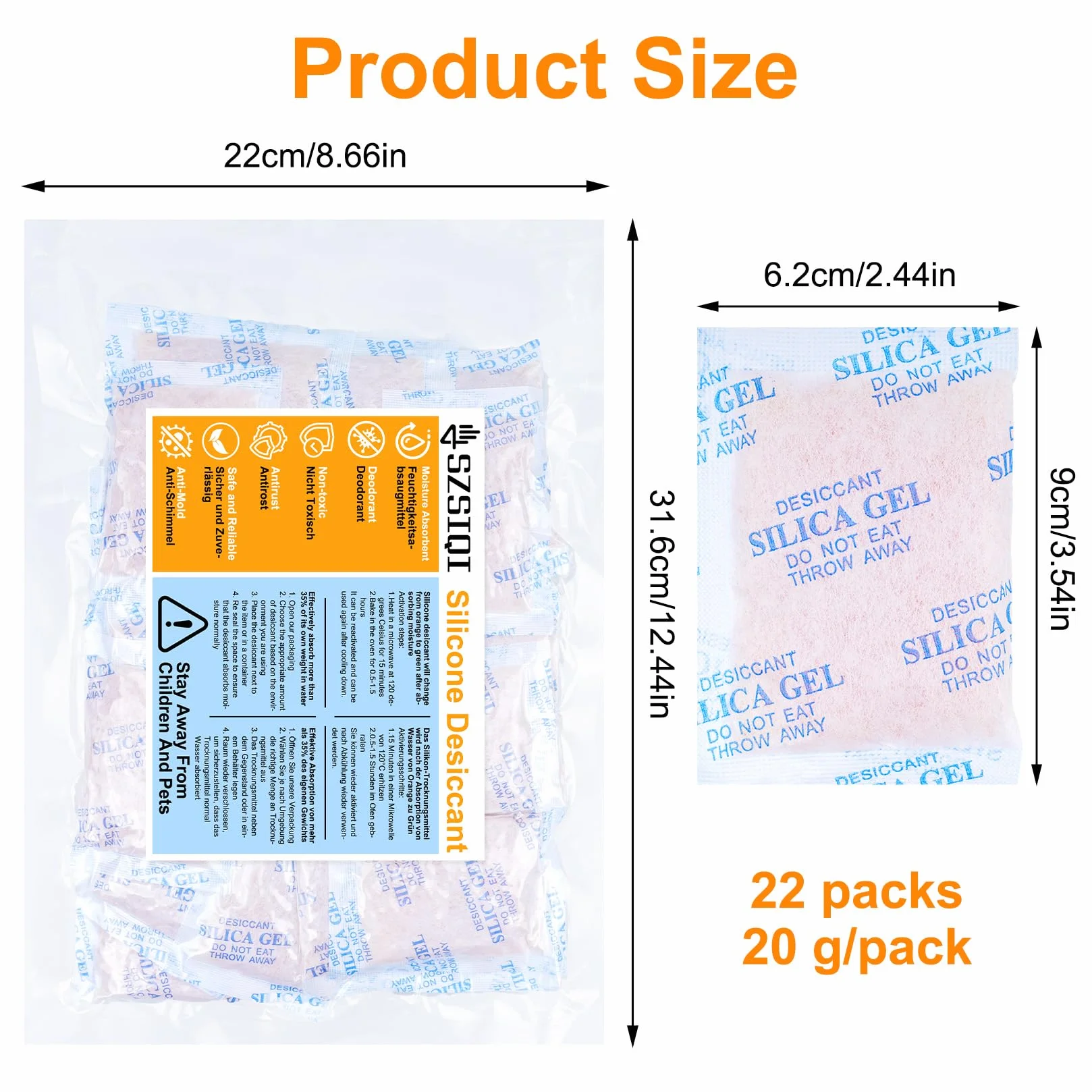 Bolsitas Antihumedad Silica Gel 20g x 22 Pcs, Indicador de Humedad Naranja a Verde para Almacenamiento de Ropa