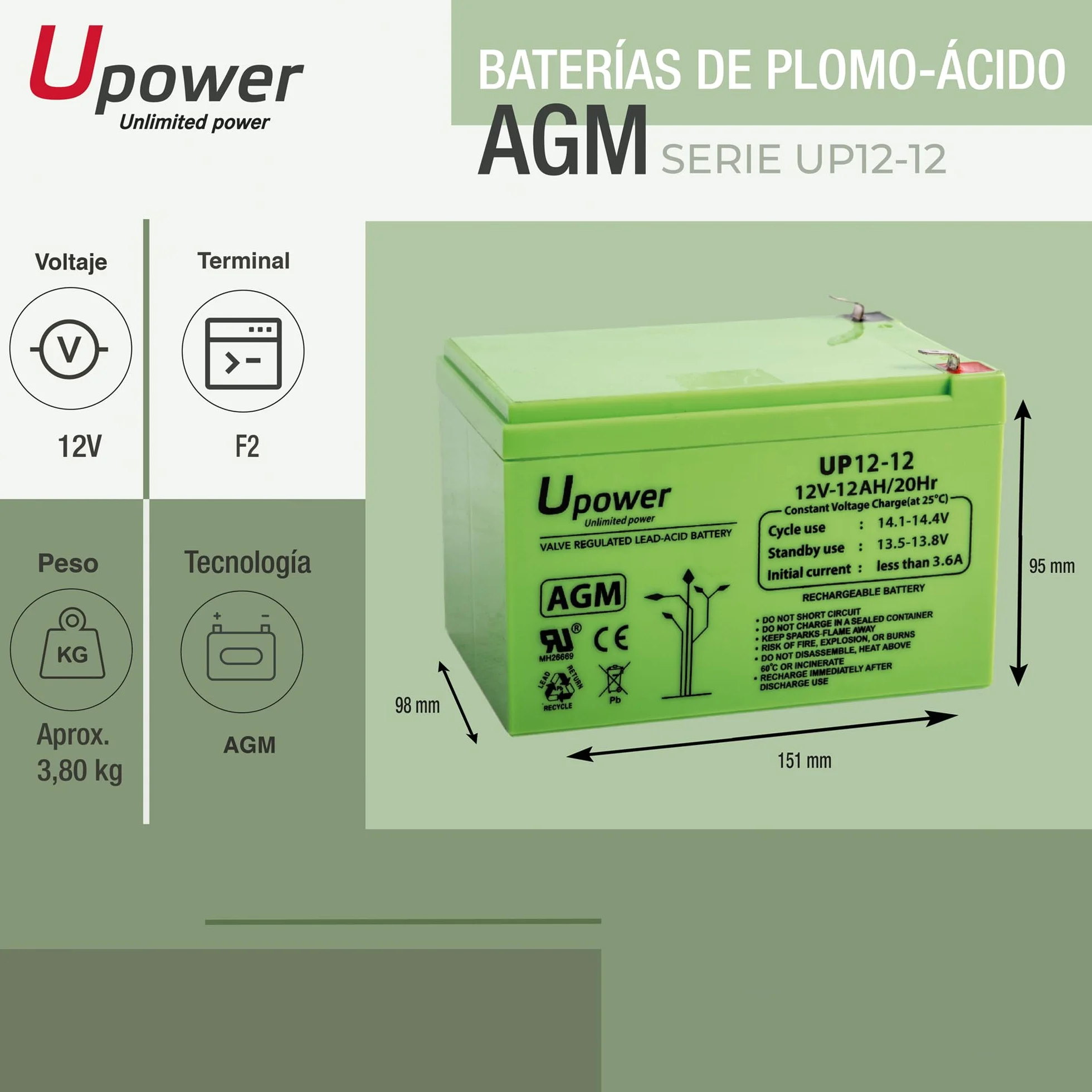 U-Power Batería AGM 12V 12Ah Sellada Recargable Plomo-Ácido VRLA Terminal Faston F2 6.3mm
