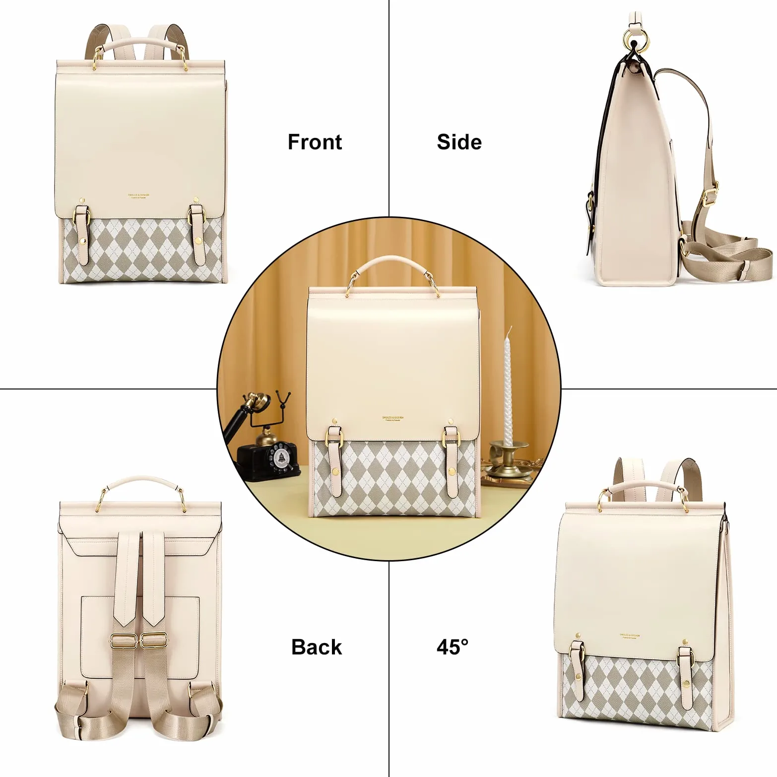 Cnolés - Mochila de piel para mujer, elegante, impermeable, para mujer, antirrobo, para mujer, mochila de piel antirrobo, para mujer, para ordenador portátil, Beige-3268, large, Elegante