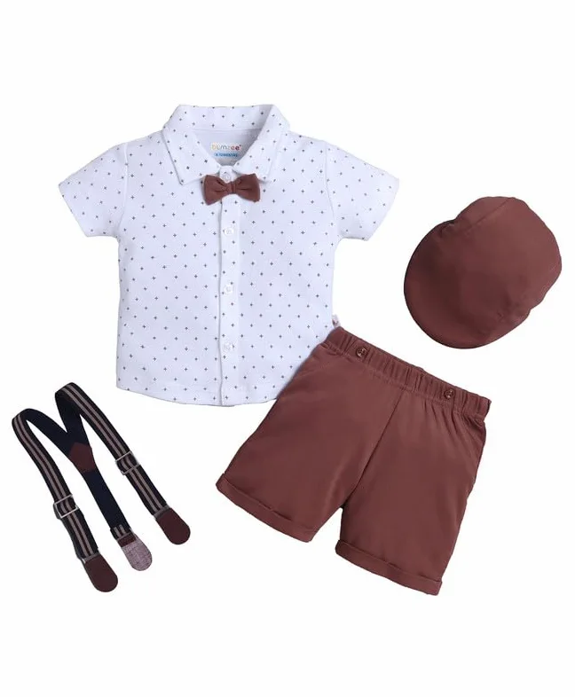 BUMZEE Conjunto de camisa de algodón y pantalones cortos para niños, corte regular, media manga, cuello, cuello, camisa, pantalón y gorro