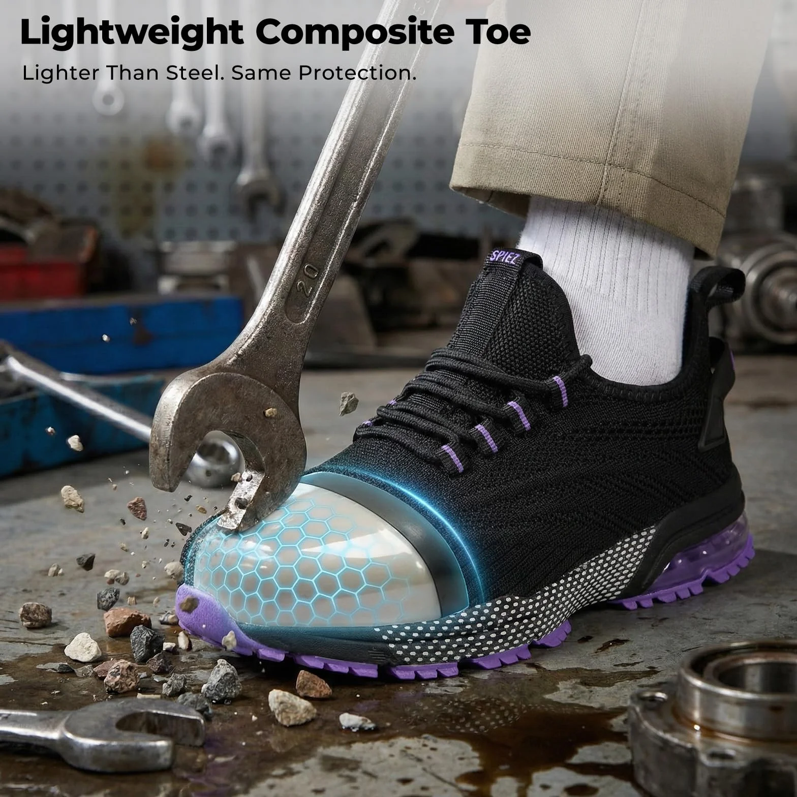 SPIEZ Zapatillas de Seguridad Mujer, Zapatos de Seguridad con Puntera Composite y Amortiguación de Aire, Diseño Ligero para Trabajo, Negro Rosa/Morado, EU 35–41