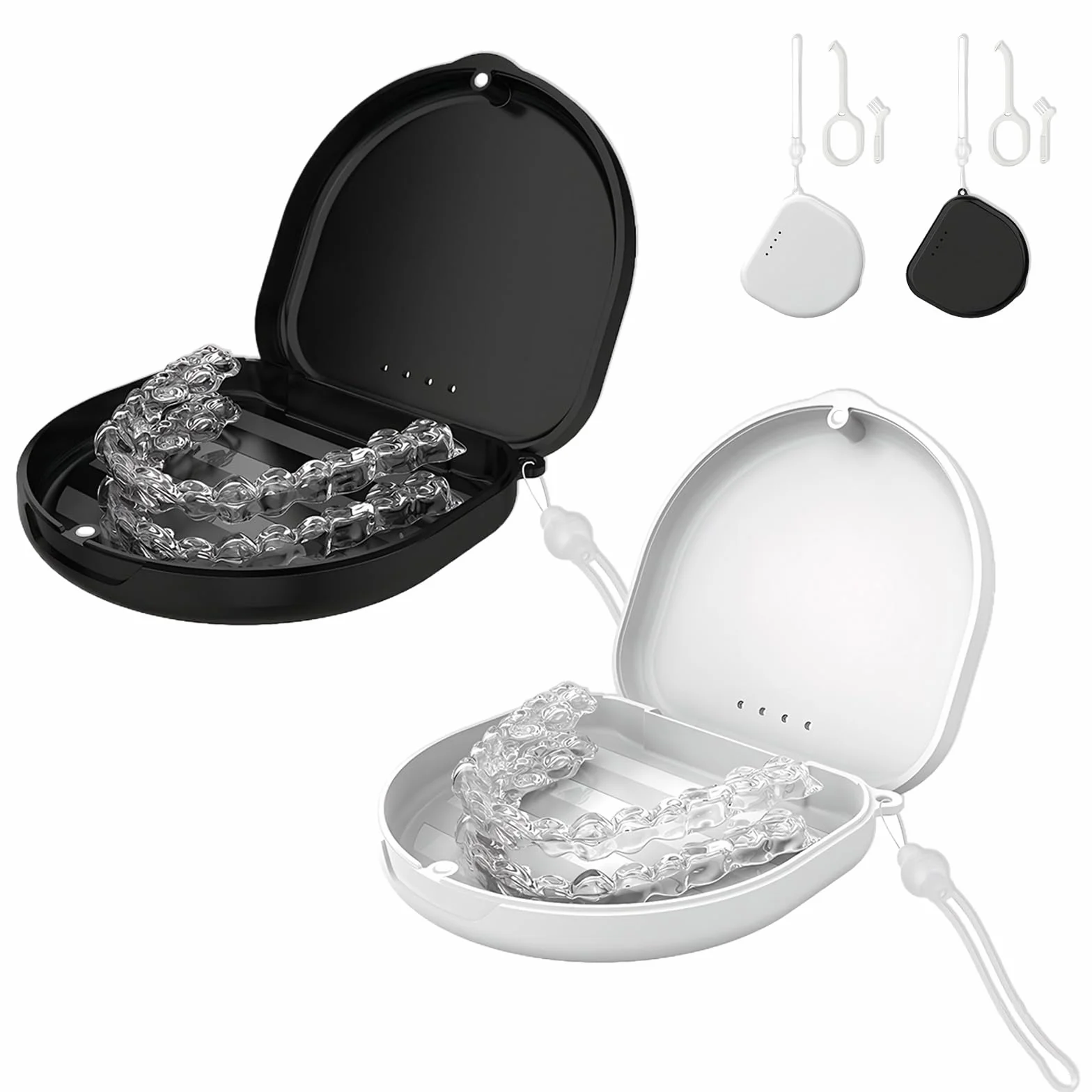 Funda Ferula Dental 2 PCS Caja Dentadura Postiza con Correa de Silicona y Herramientas de Extracción Negro Blanco