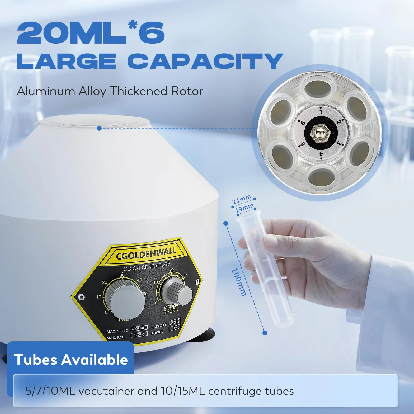 CGOLDENWALL Centrifugadora de Laboratorio 20ml 4000rpm 1790xg 0-60min