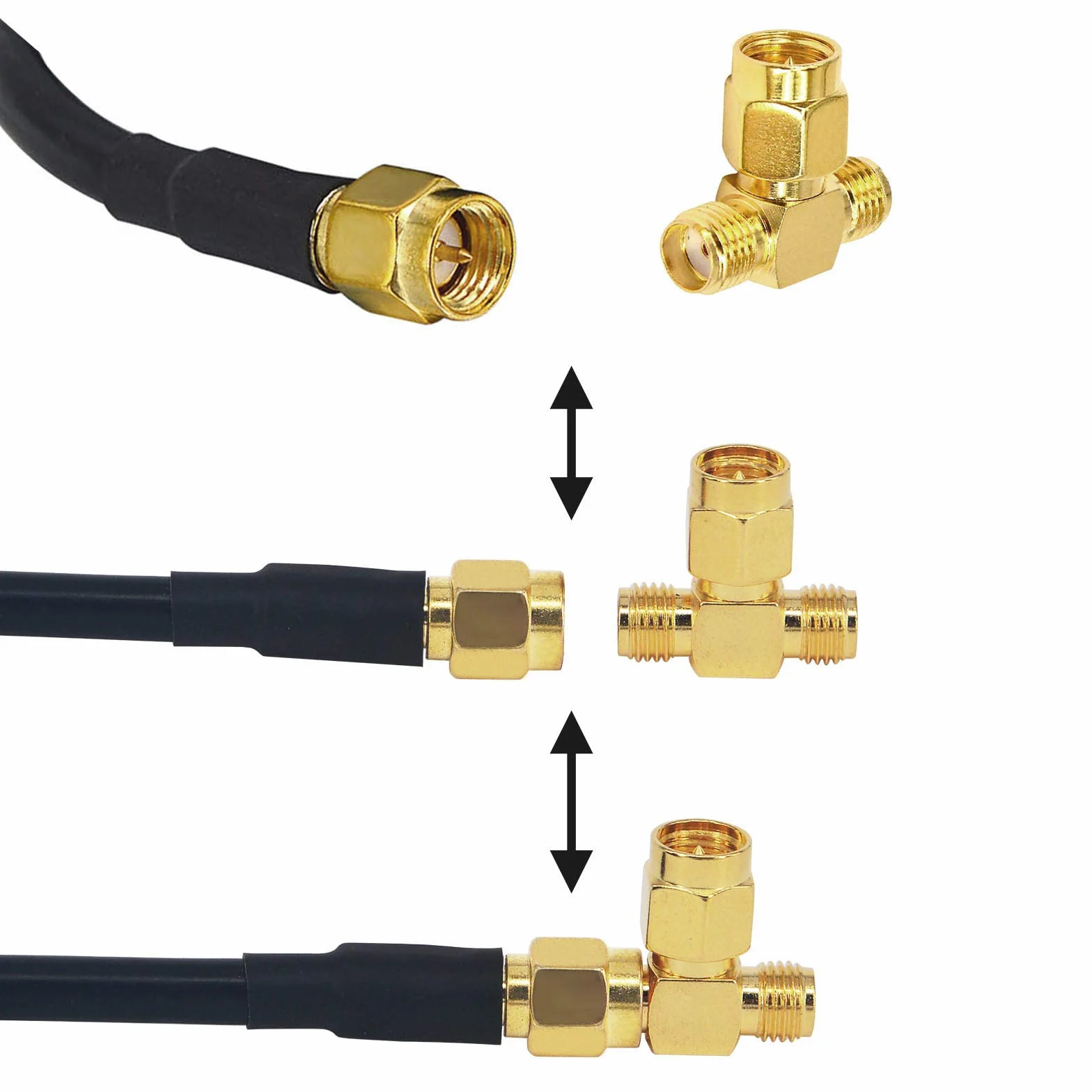 Adaptador SMA Macho a Doble Hembra Conector RF Triple T de 3 Vías para Cable de Extensión de Antena WiFi