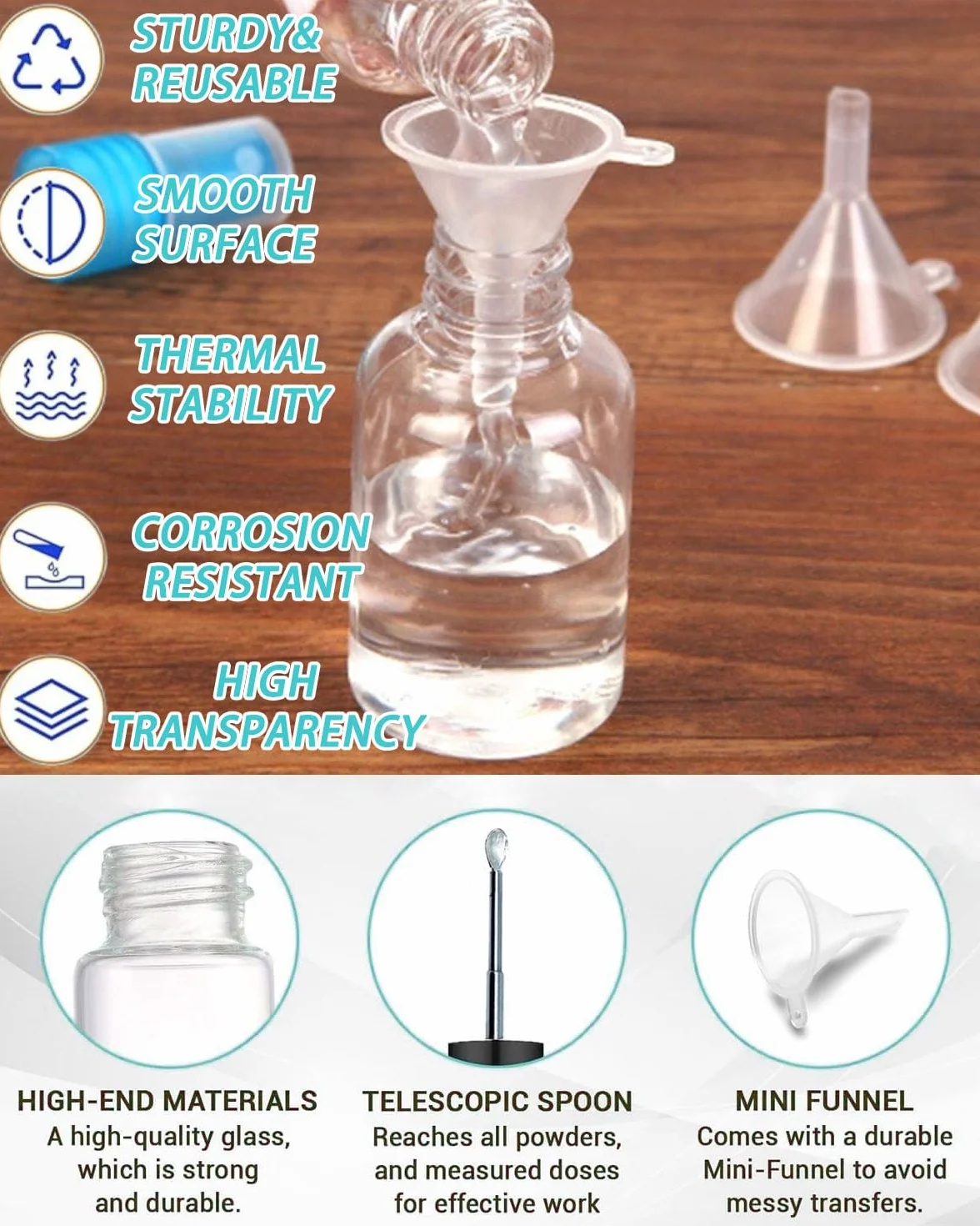 Viales de muestra de laboratorio 65Mm Frasco Almacenamiento Vidrio Transparente con Cuchara Telescópica 2 Embudos 2 Goteros