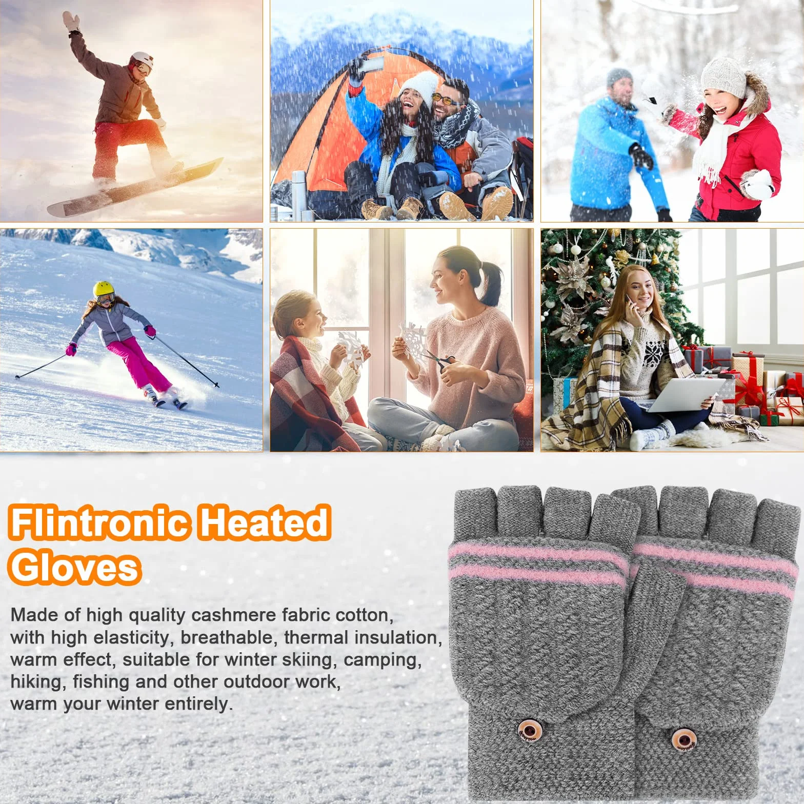 Flintronic Guantes Calefactables USB, Guantes Térmicos USB Unisex de Invierno, Guantes de Medio Dedo con Cubierta para el Dedo, Guantes de Tejer Lavables para Ciclismo/Esquí/Portátiles/Oficina-Rosa