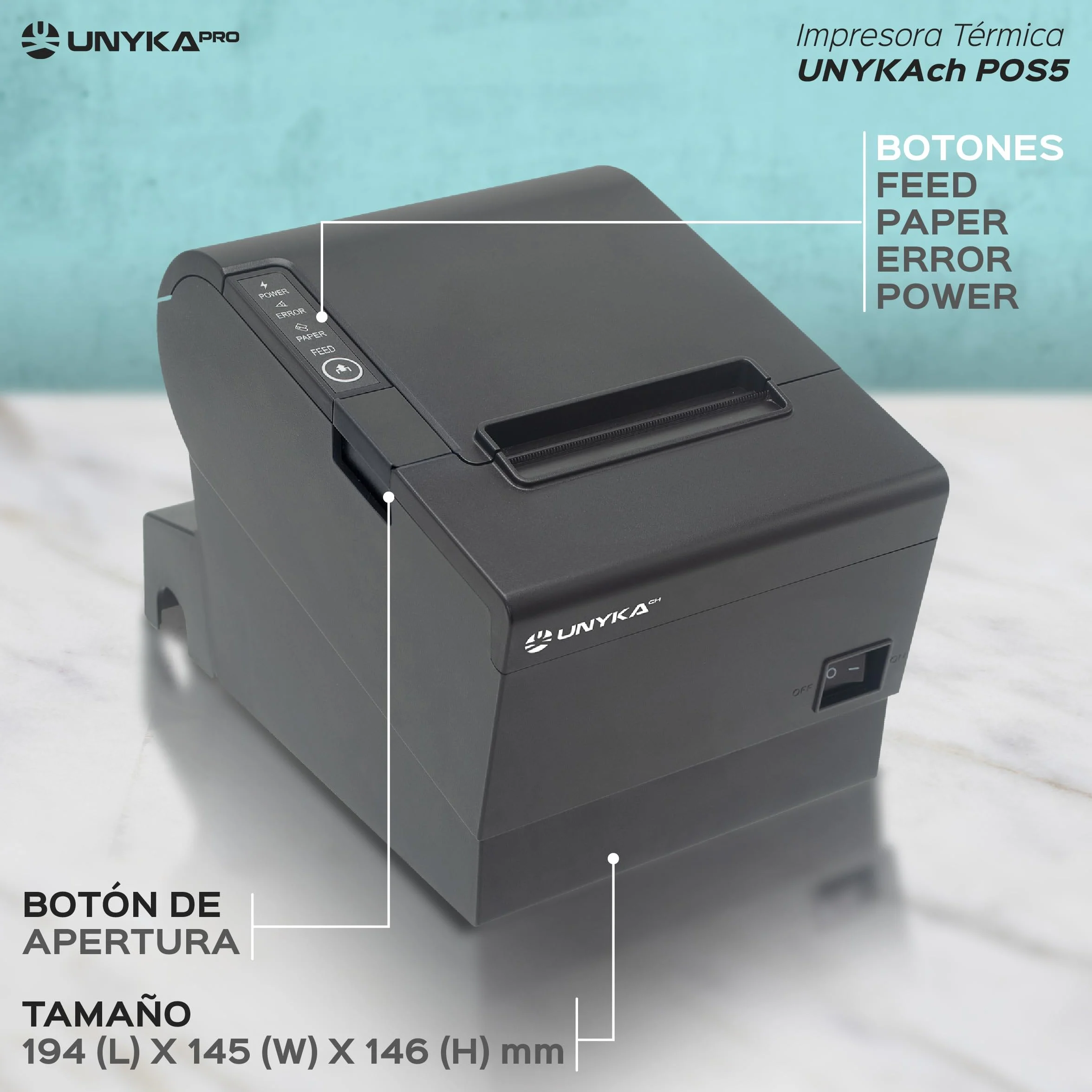 Unykach Impresora Térmica de Tickets POS5 con Corte Automático, USB, RJ12, RJ11, LAN, Compatible Windows, JPOS, OPOS, Linux, Android, Mac