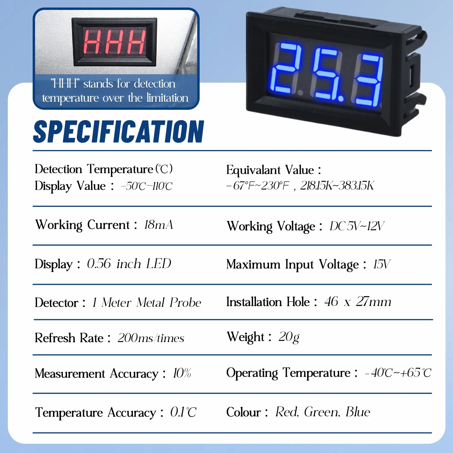 Termómetro Digital 12V con Sonda LED para Congelador Refrigerador Acuario, Azul