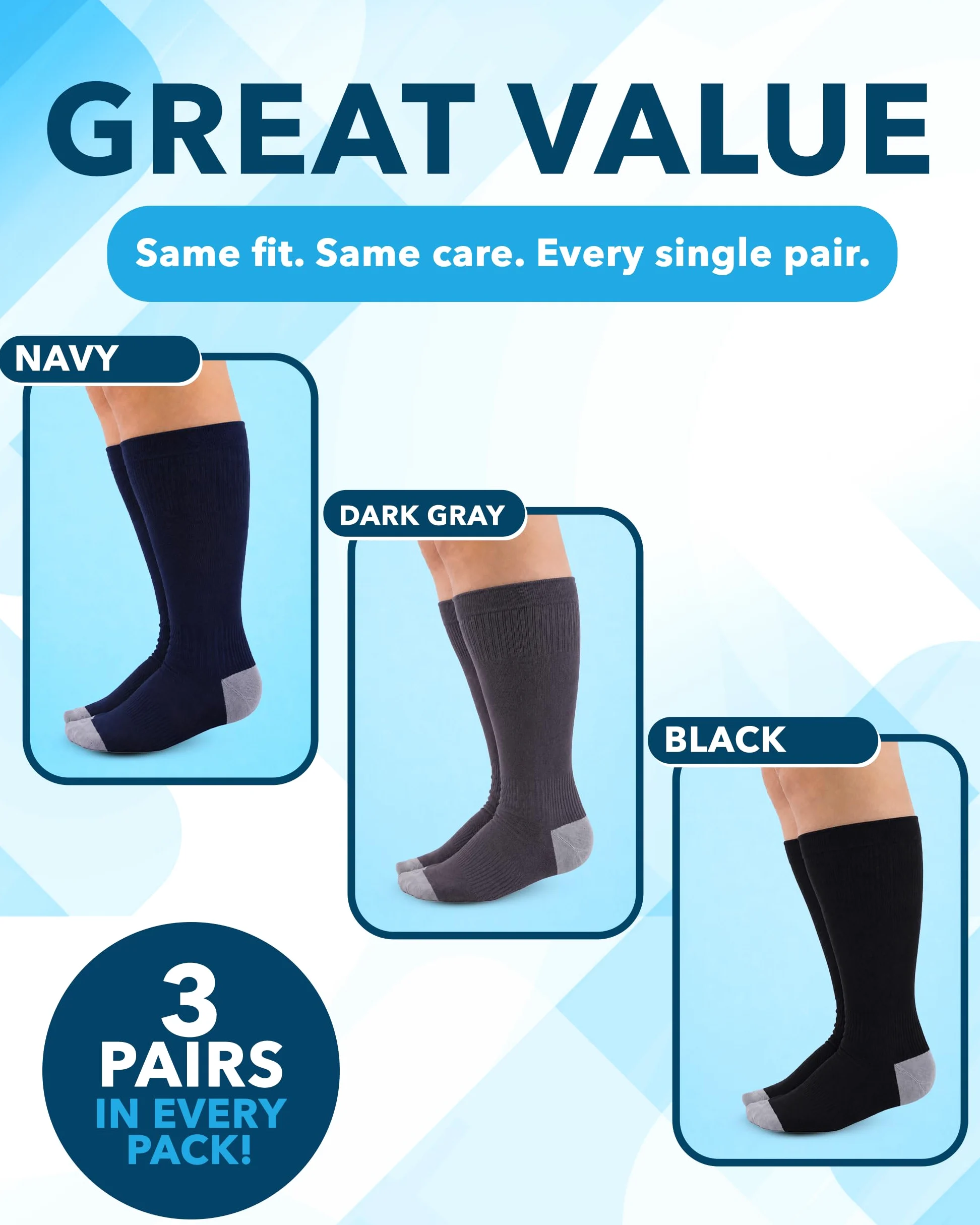 Doctor's Select 3 pares de calcetines de compresión de talla grande, pantorrilla ancha, viscosa de bambú, hasta la rodilla, soporte de circulación, Negro/Gris/Azul marino, XX-Large
