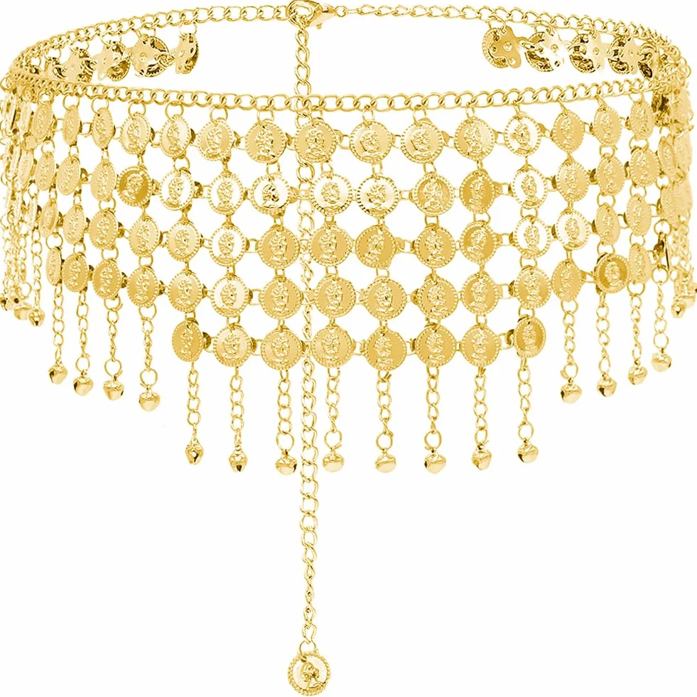 GORGECRAFT Cadena de Cintura con Colgante de Moneda de Oro Cadena con Borlas En Capas Cadena de Verano para Playa Danza Del Vientre Cinturón Accesorio de Joyería Corporal para Mujer Ropa Suéter Bikini