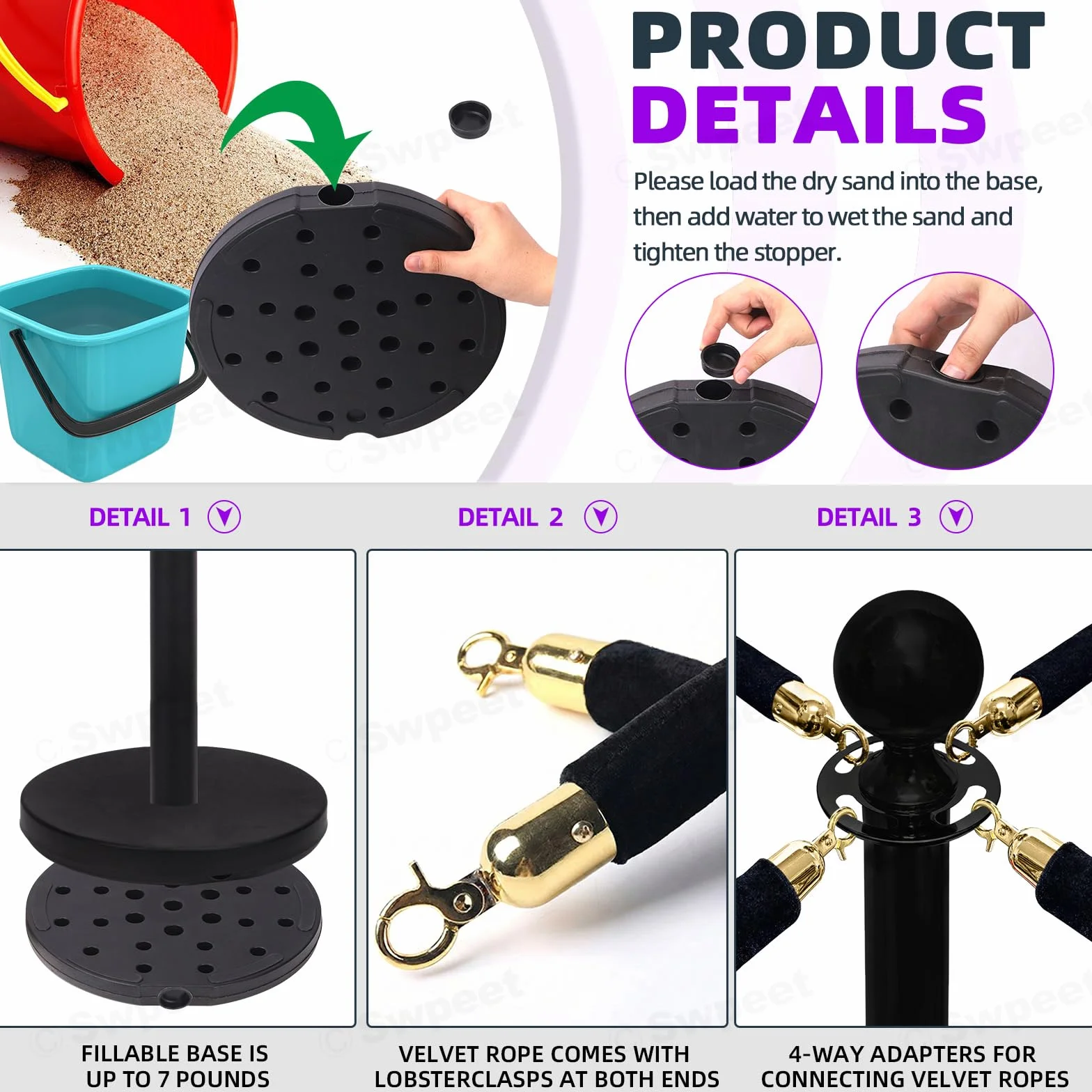 Swpeet 34Pcs Black Stanchion Post Queue Kit con Cuerda de Terciopelo Negro 5 Pies, Postes 38 Pulgadas, Base Metálica