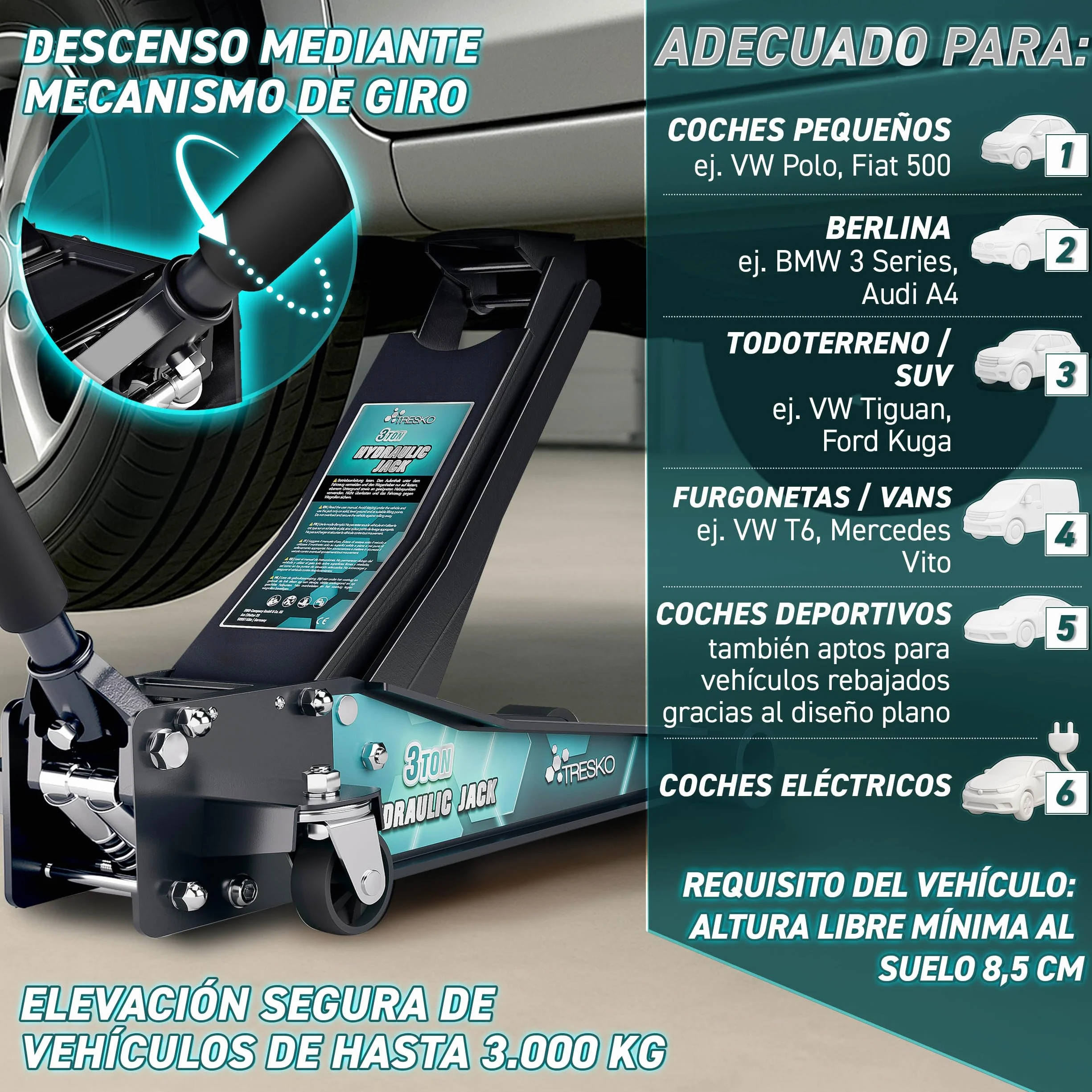 TRESKO gato hidráulico 3T 75-510mm doble pistón ruedas 360°