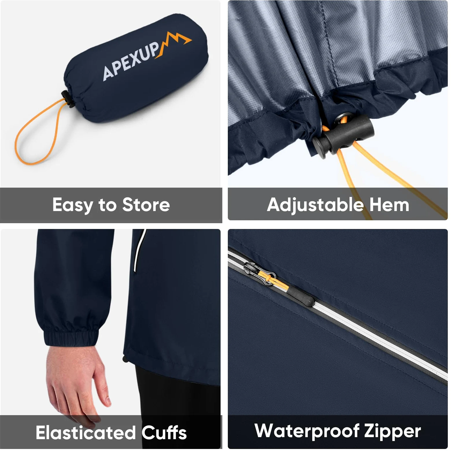 APEXUP Chaqueta impermeable plegable para hombre con cremallera reflectante, impermeable ligera, chaqueta impermeable para hombre para deportes al aire libre