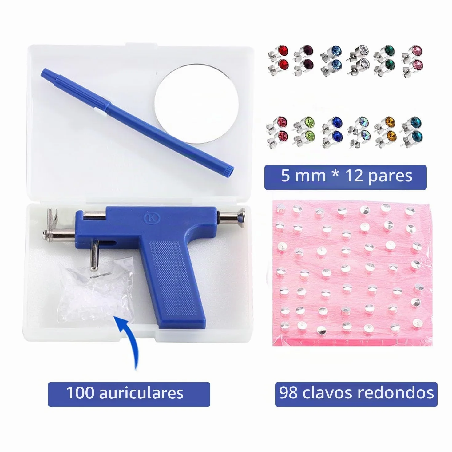Juego de piercings para orejas de 200 piezas con 12 pares de aretes coloridos, pistola para perforar orejas, herramienta adecuada para uso doméstico, 11cm
