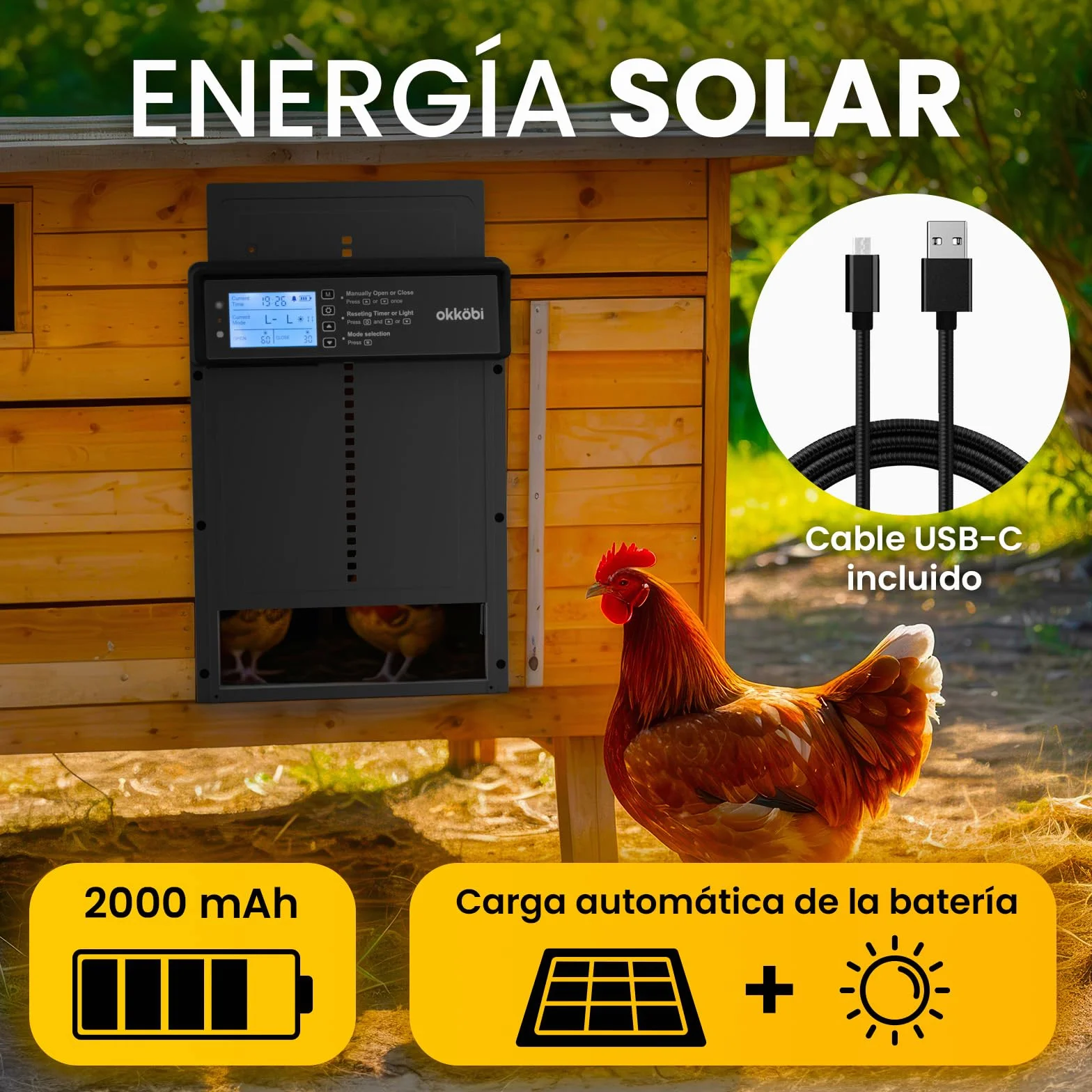 Puerta Gallinero Automatica Solar con Mando a Distancia, Sensor de Luz y Temporizador, Negro
