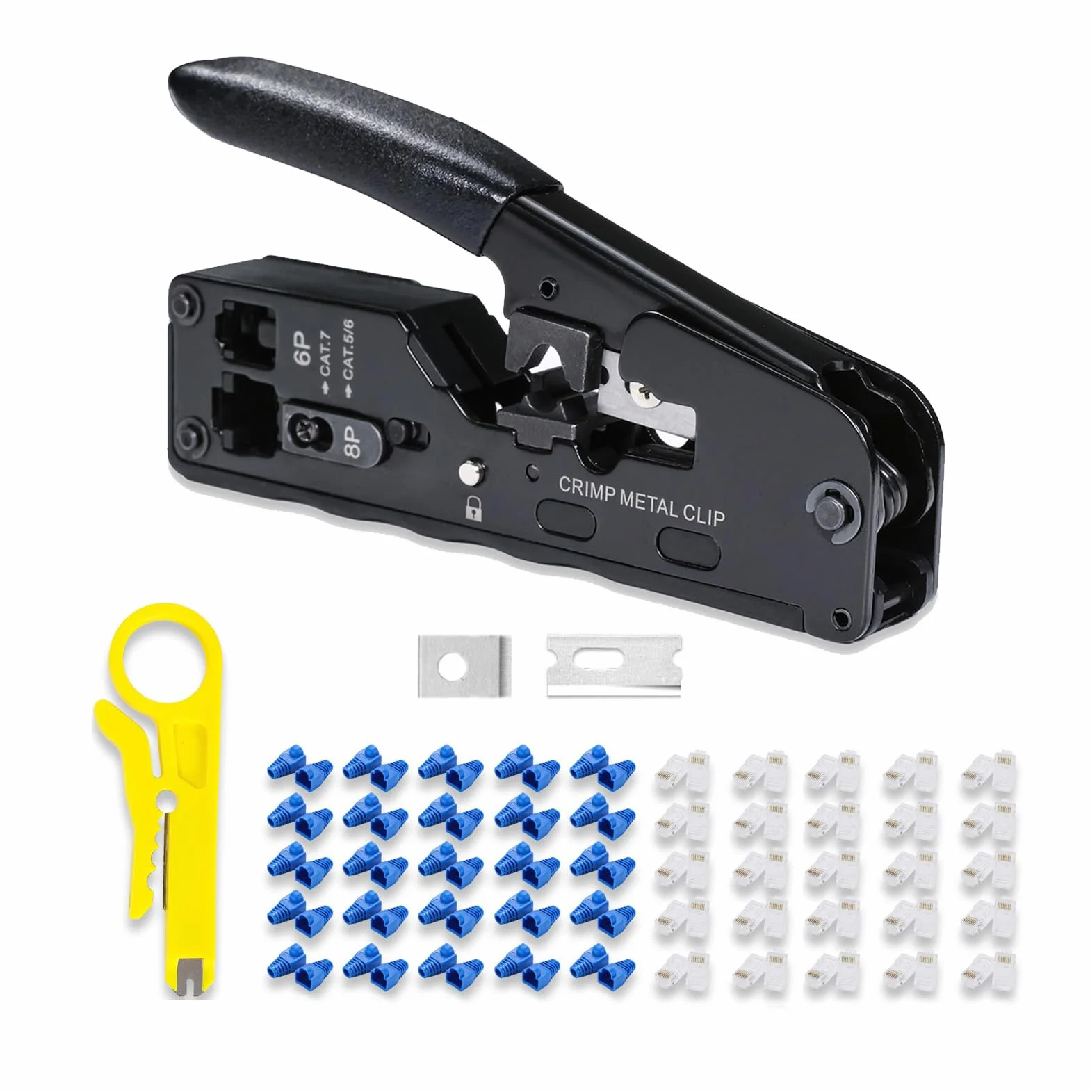 Herramienta de crimpado RJ45 RJ12 todo en uno, crimpadora Ethernet para conector modular Cat5-Cat7, con 50 conectores y cubiertas CAT6