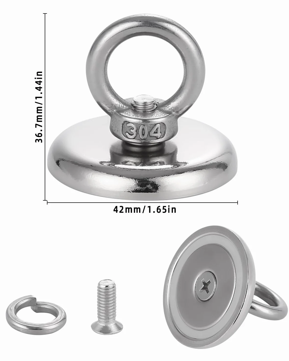 Imán de neodimio 50kg 42mm con perno de ojo de elevación para pesca magnética, 4 piezas