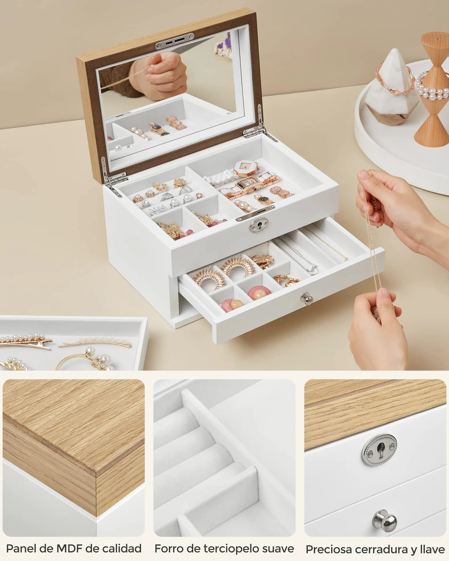SONGMICS Caja Joyero, Caja de Joyas de 3 Niveles con Espejo Grande, 2 Cajones, Cerradura, Regalo para Seres Queridos, para Anillos, Pendientes, Pulseras, Collares, Blanco y Grano de Madera JOW15WN