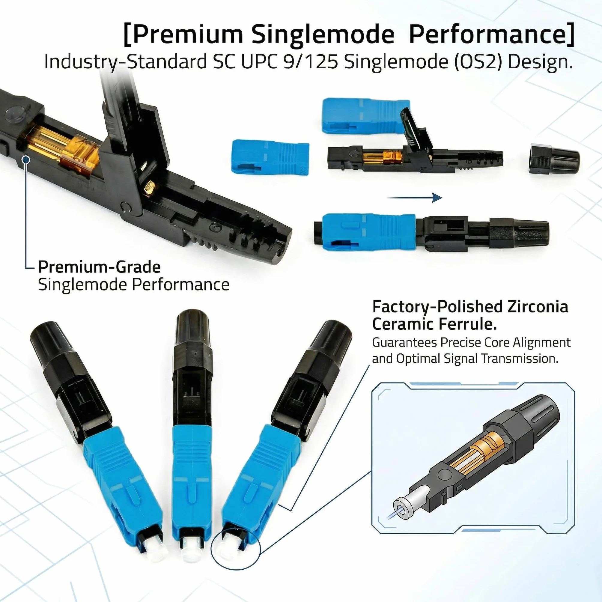 Conector de cable fibra óptica SC UPC azul negro 10 piezas
