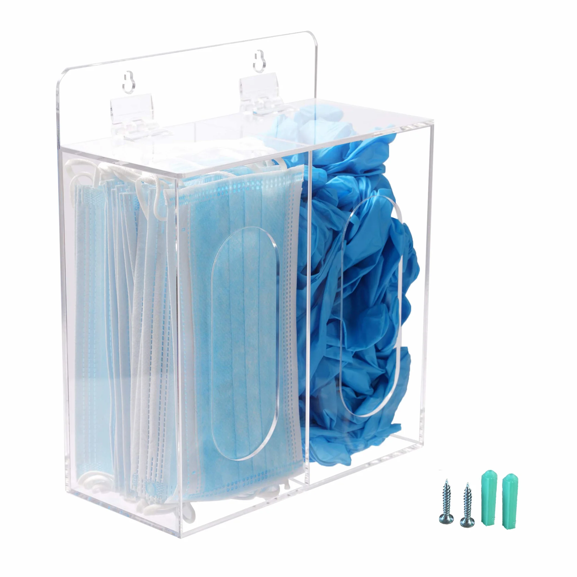 Dispensador de máscara facial y guante de acrílico desechable con tapa, colgable y de pie, transparente