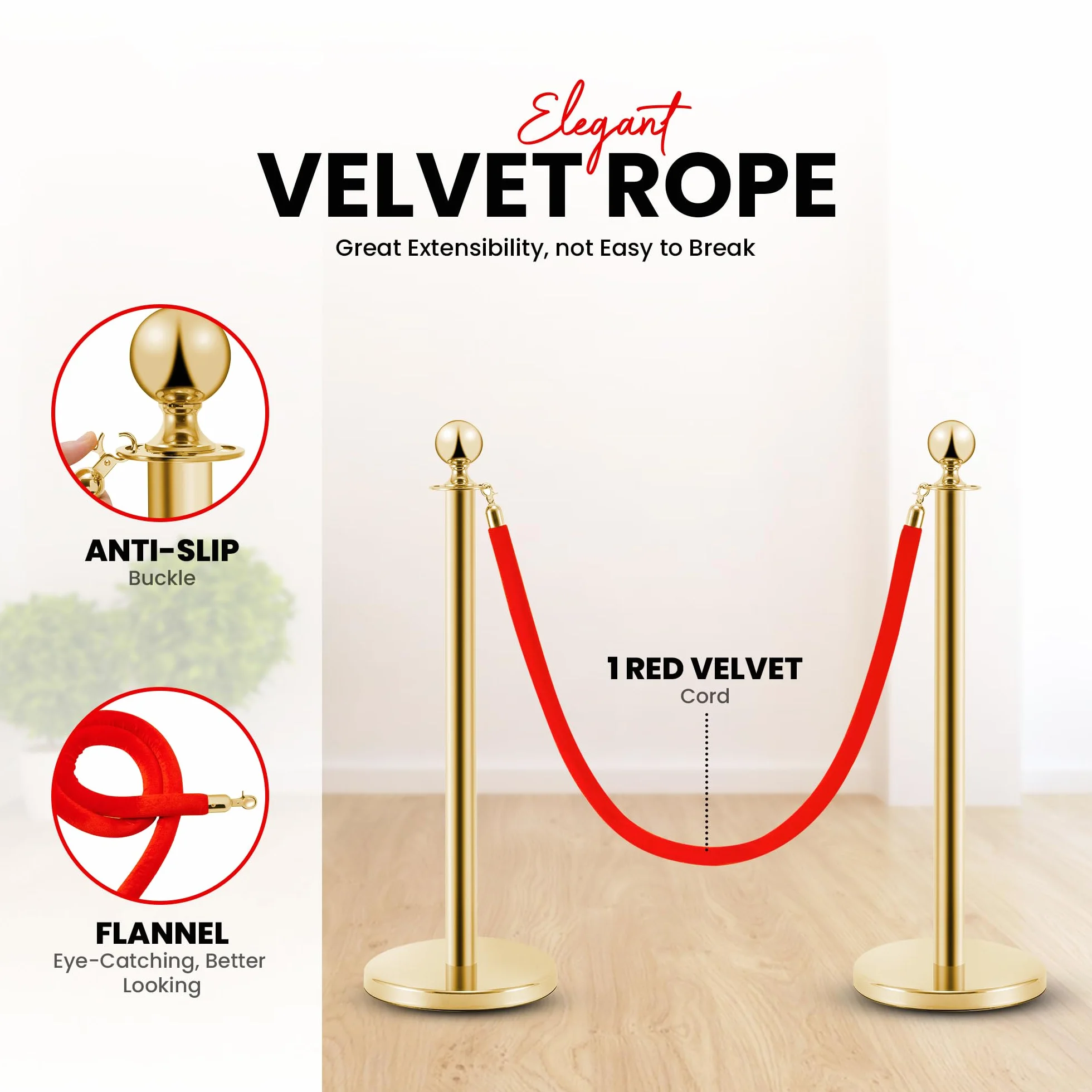 Postes Separadores de Acero Inoxidable Dorado 90 cm, 2 Piezas, con Cuerda de Terciopelo Rojo 1,5 m, Control de Multitudes