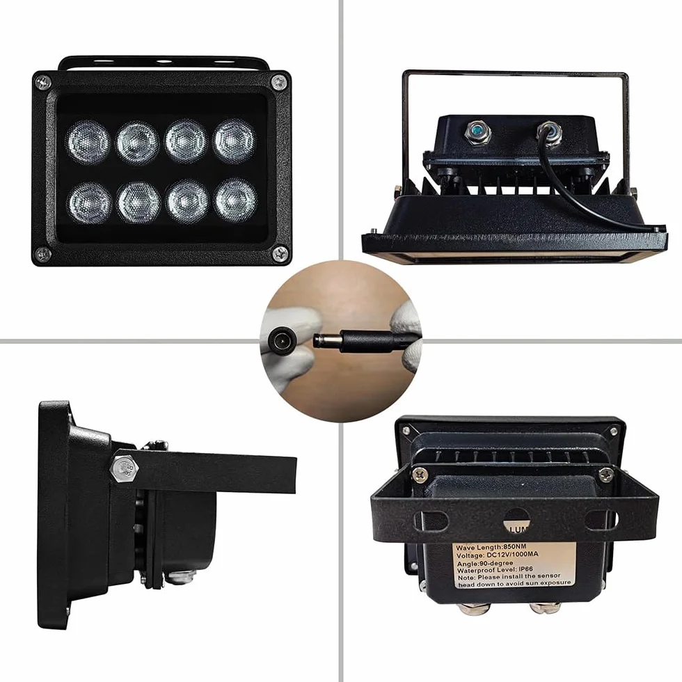 JC IR Illuminator Luz infrarroja 8 LED Gran Angular con Adaptador de Corriente para Cámaras de Seguridad