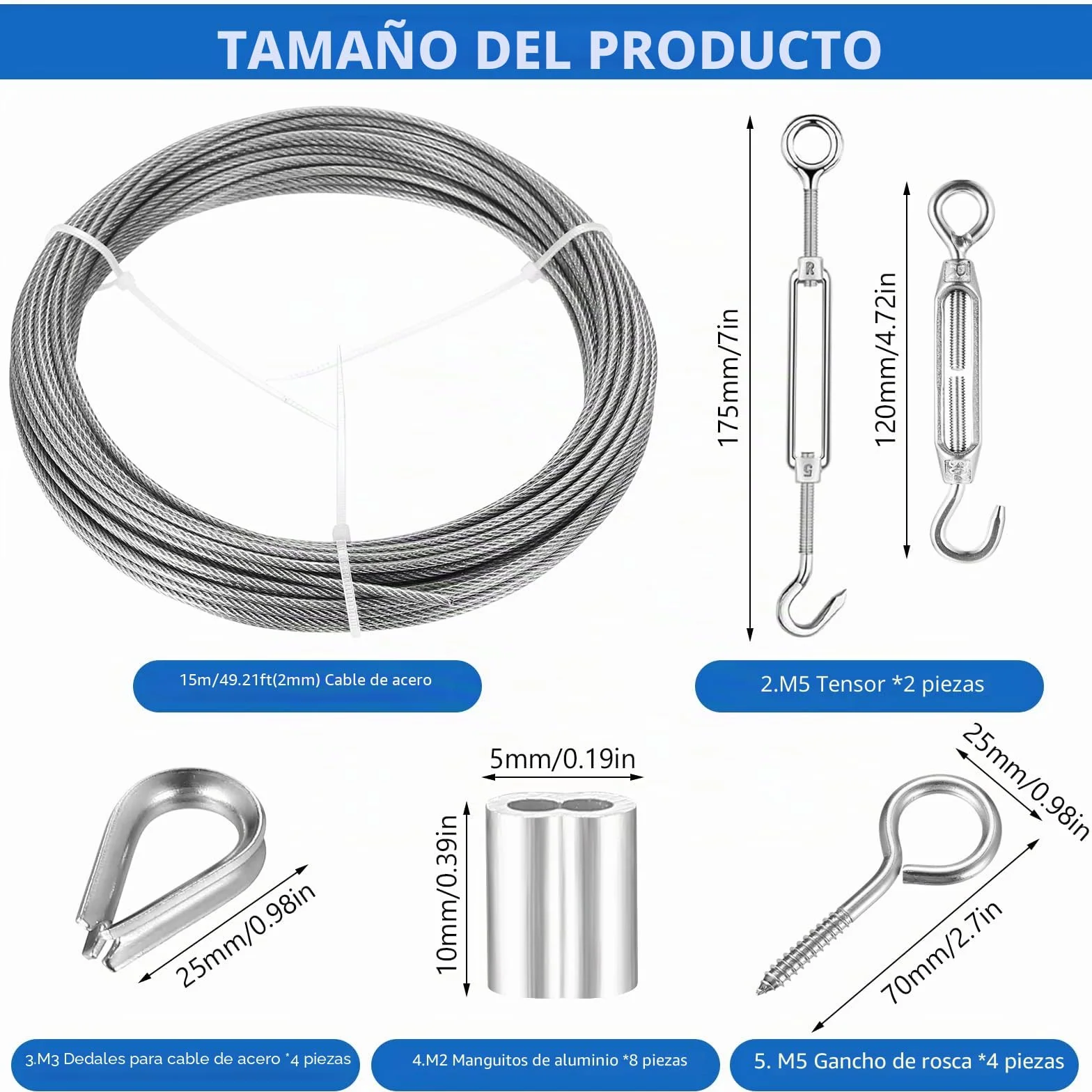 Cable de Acero Inoxidable 2mm x 15m Kit con Tensores para Jardín