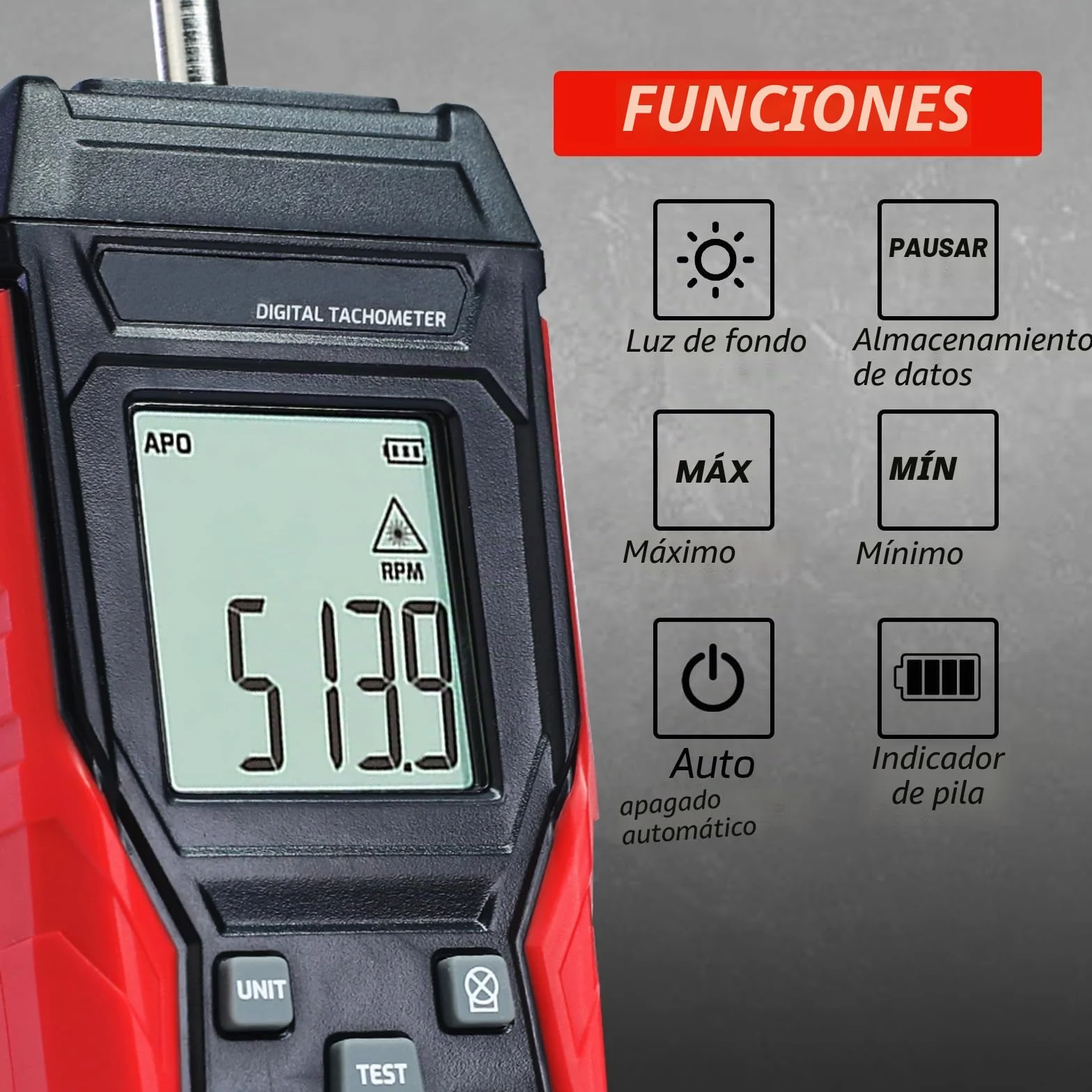 Tacómetro digital sin contacto 2 en 1 3~99999RPM láser y 3~19999RPM contacto medidor RPM probador