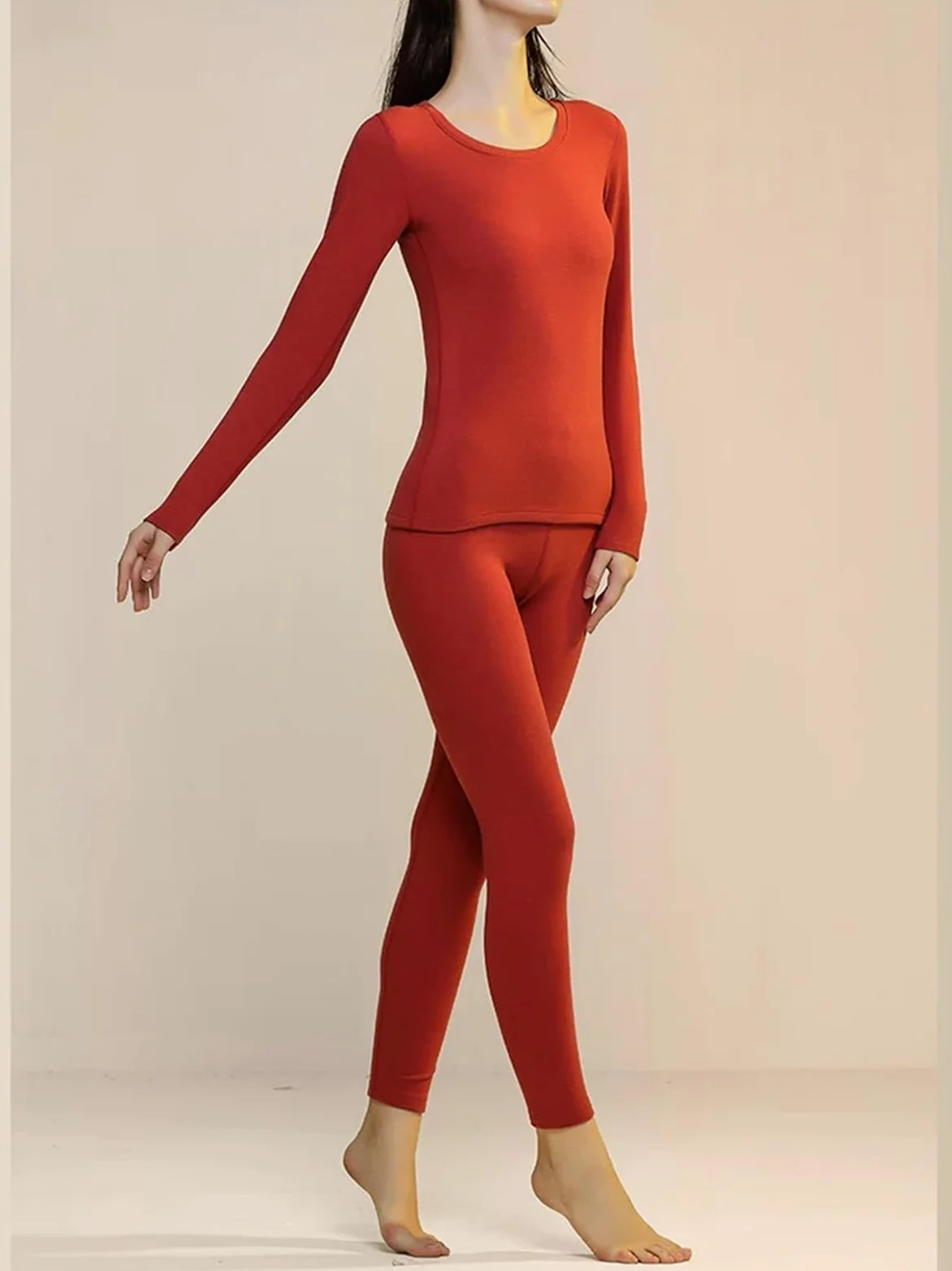 Ropa térmica cálida de Lana Seda for Mujer, Conjuntos Dos Piezas básicos Gruesos con Cuello Redondo for otoño e Invierno para Esquí,Moto