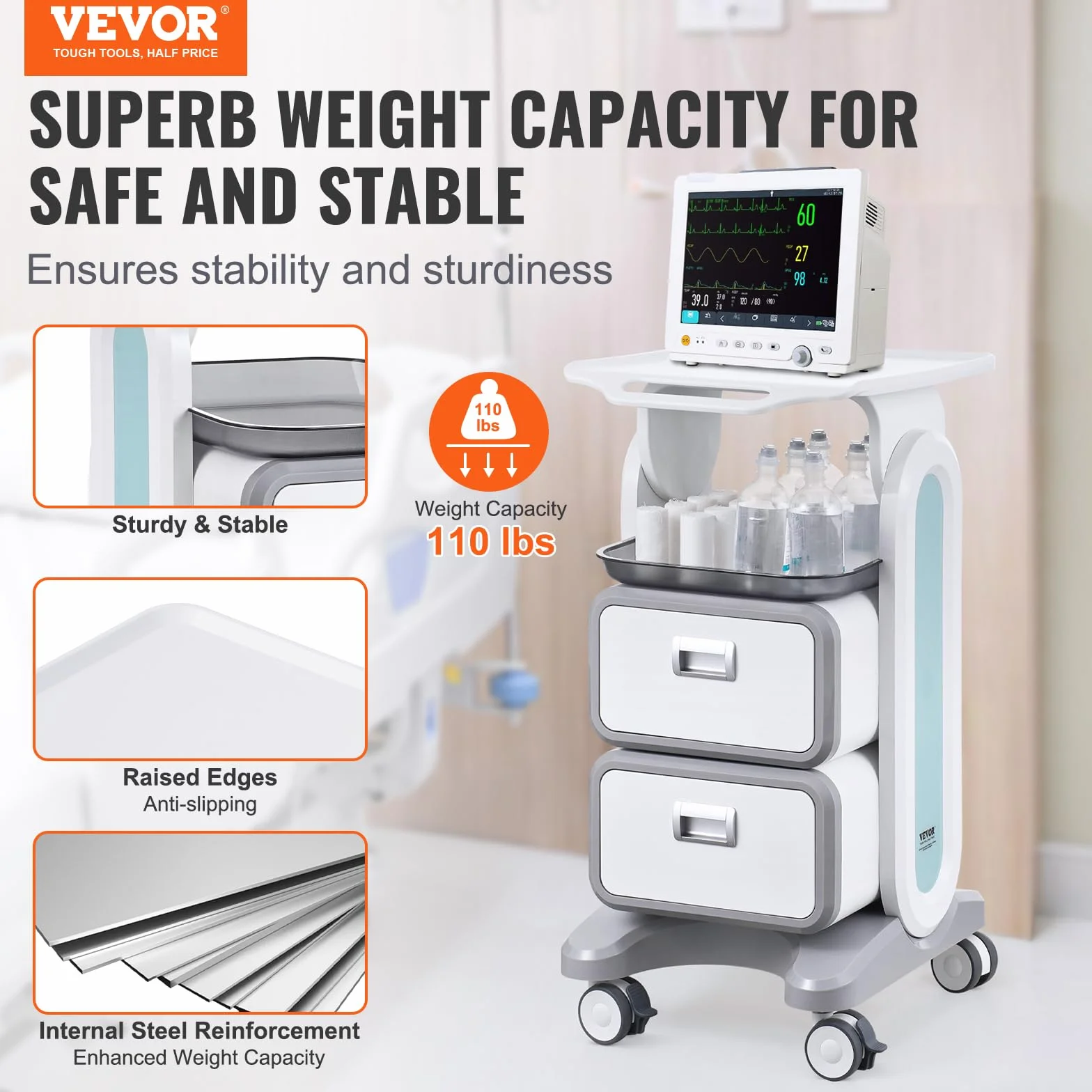 VEVOR Carro Médico 3 Niveles con 2 Cajones, ABS Blanco para Laboratorio Clínica Hospital
