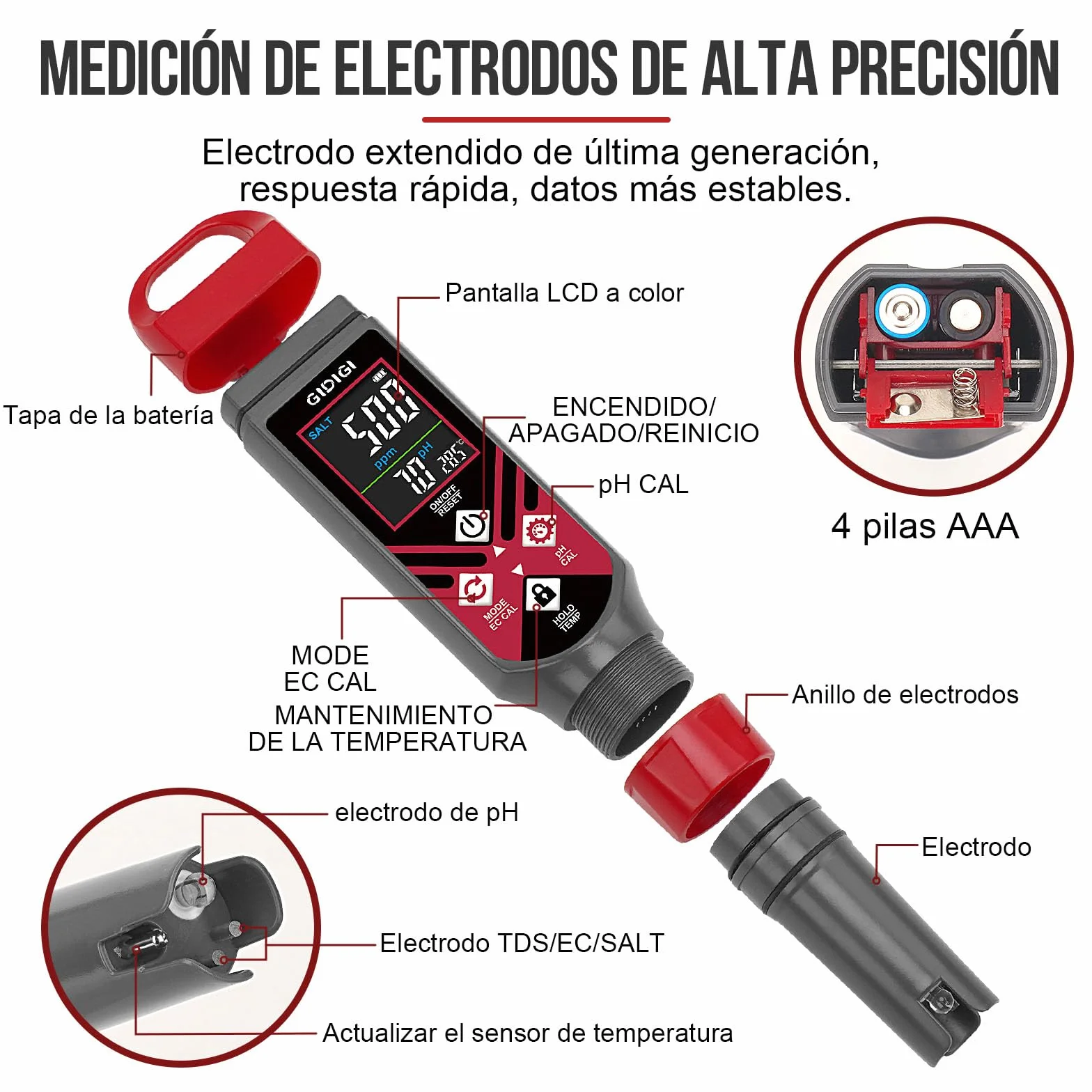 Medidor Digital 5 en 1 Salinidad pH EC TDS con Pantalla Color y Solución Calibración para Piscinas Agua Salada Acuarios Hidroponía