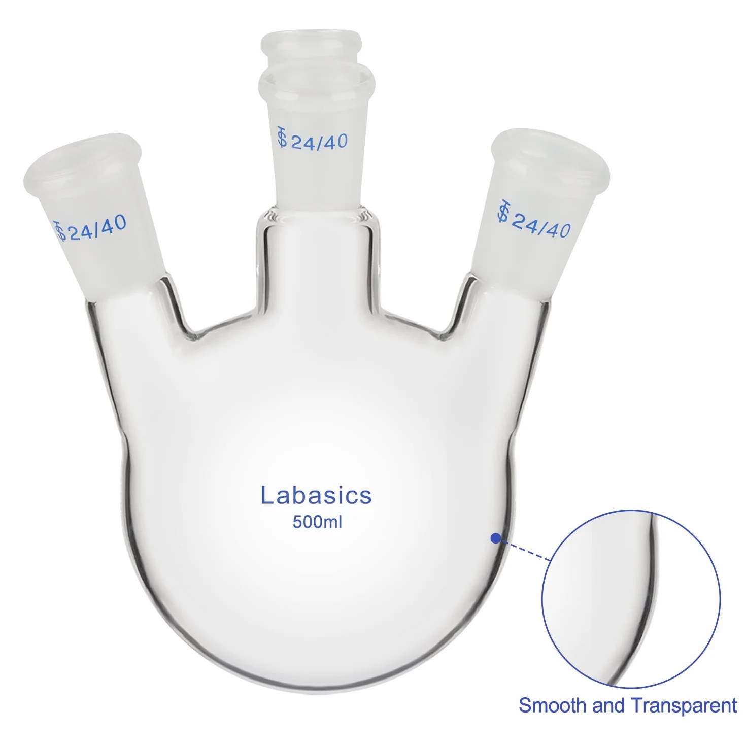 Labasics Matraz de Fondo Redondo 4 Cuellos, Vidrio Borosilicato Pared Gruesa, Junta 24/40, 500 ml