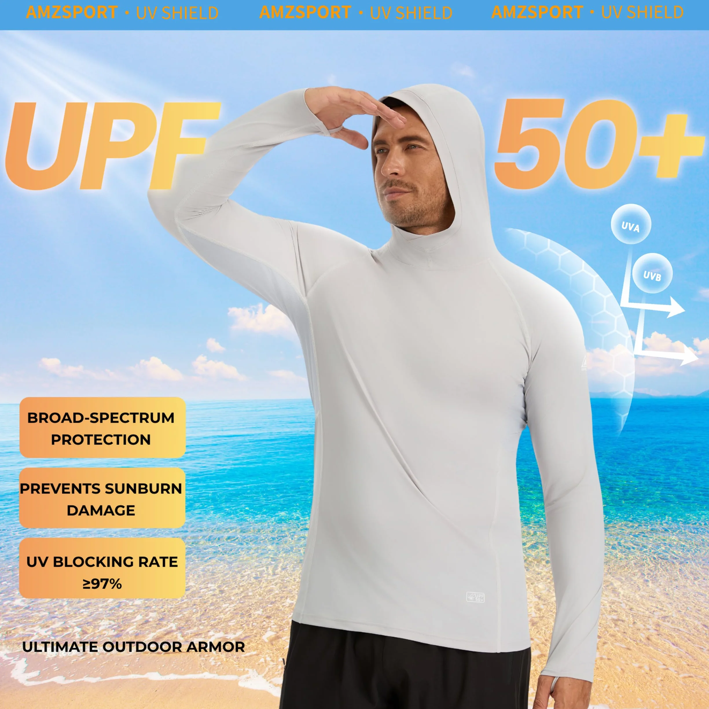 AMZSPORT Sudadera con Capucha UPF 50+ para Hombre, Camiseta de Manga Larga con Protección Solar UV, Rashguard
