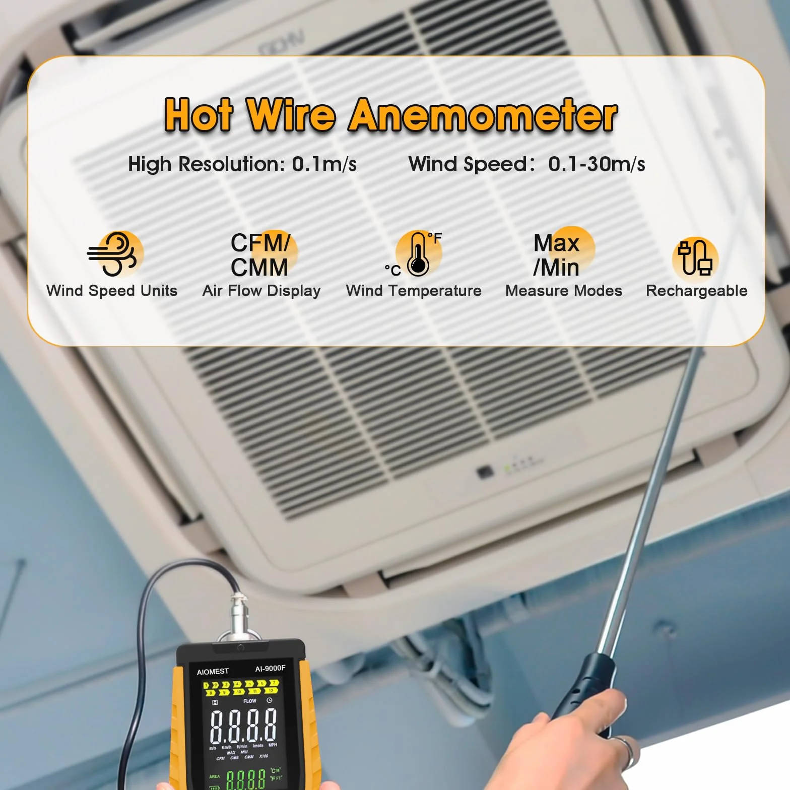 Anemómetro Térmico de Hilo Caliente AIOMEST AI-9000F HVAC Medidor de Viento Velocidad y Temperatura