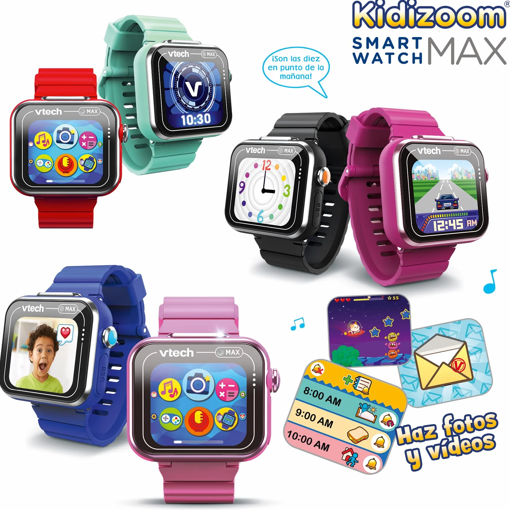 VTech - Kidizoom Smartwatch MAX Azul, Reloj Inteligente para niños, Doble cámara de Fotos, vídeos, Juegos, Pantalla táctil Horizontal, Versión ESP