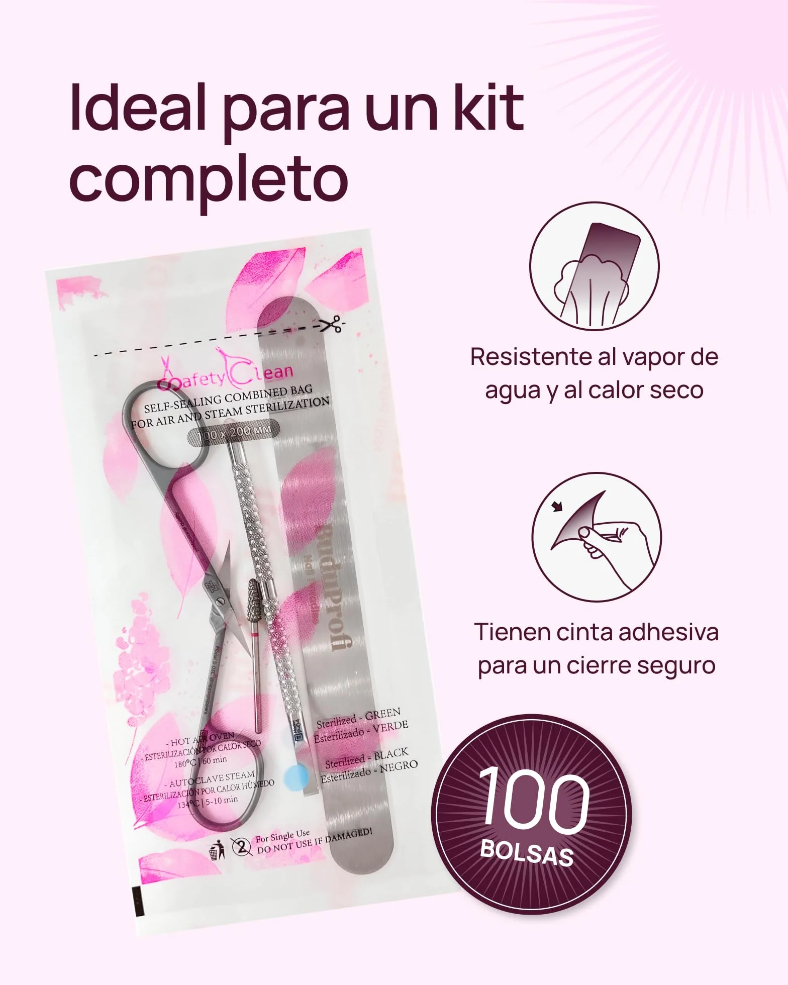 Safety Clean Bolsas de Esterilización Transparentes Indicador Autoclave Manicura Pedicura