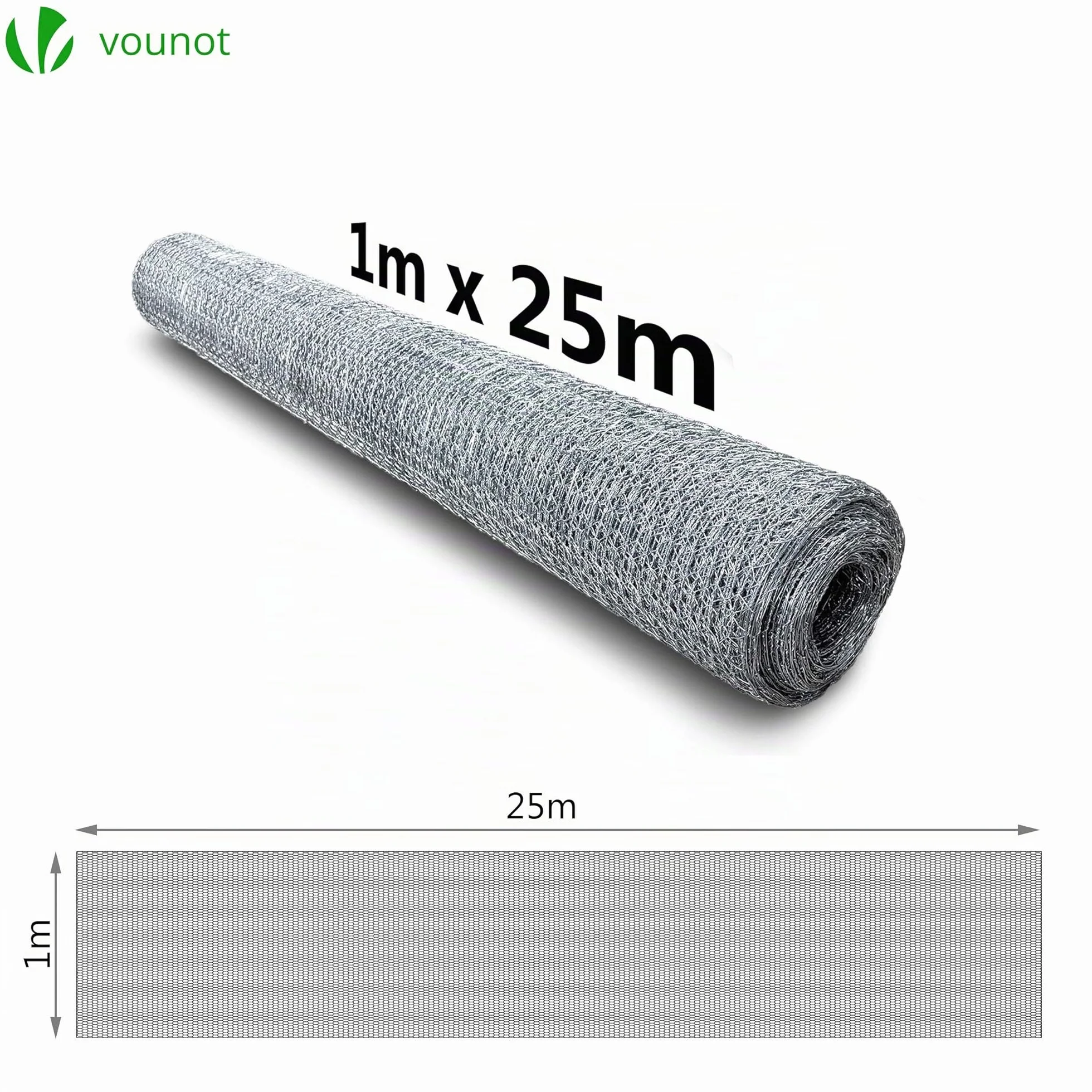 VOUNOT® Malla Metalica Hexagonal Galvanizado 25mm 100cm x 25m