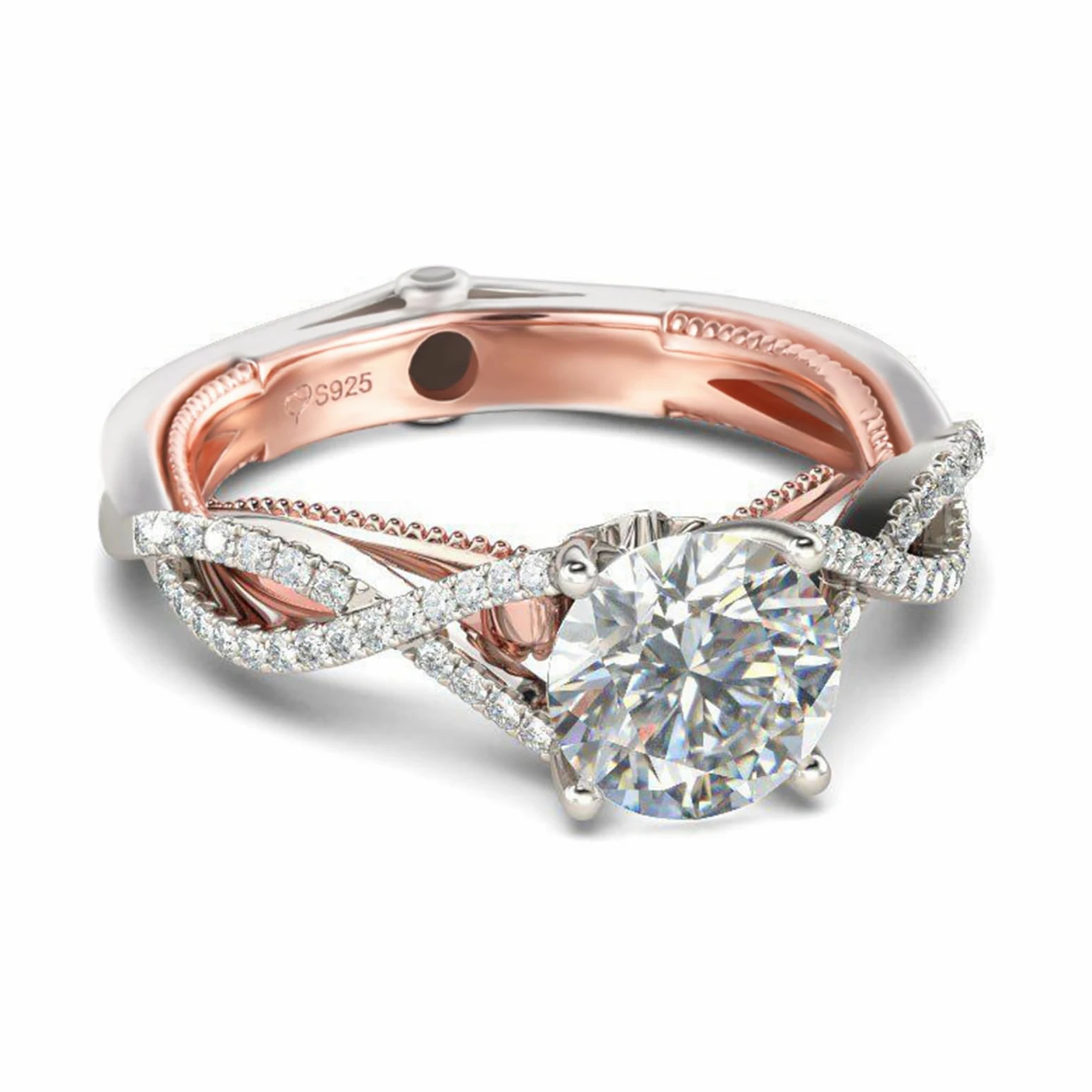 Jeulia Anillos de dos tonos de plata esterlina para mujer: Anillo de filas de torsión de eternidad de corte redondo Anillo de compromiso de promesa Anillo de compromiso de joyería de circonio cúbico