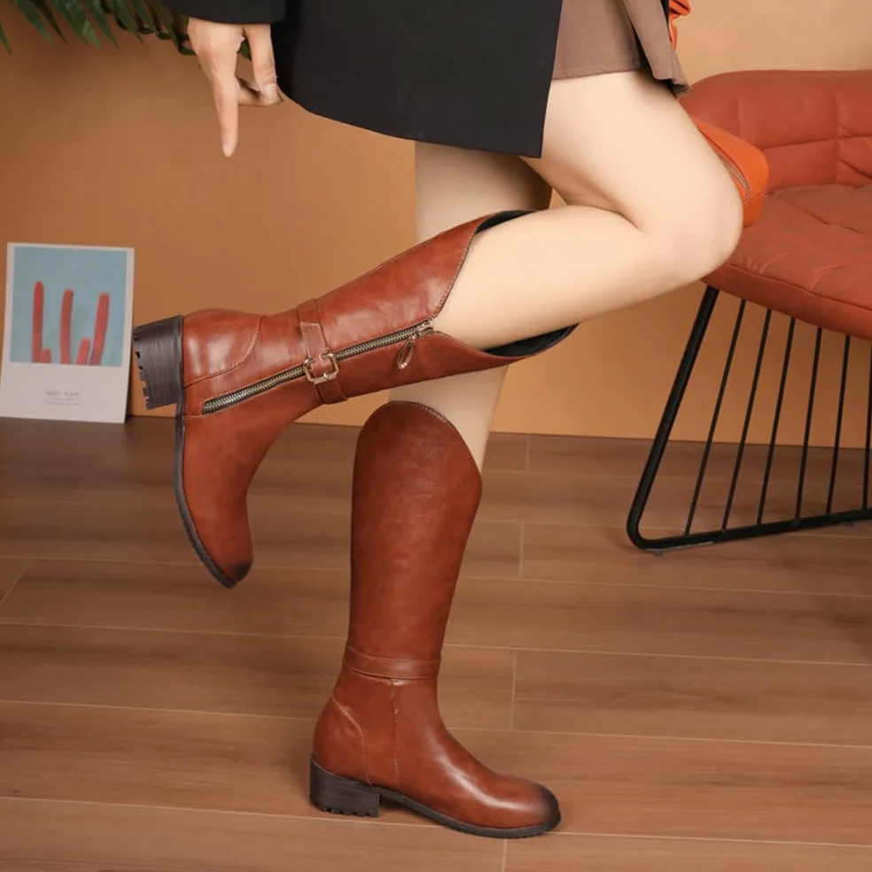 Mujer Planas Botas Altas hasta la Rodilla para Mujeres Botas de Montar de Cuero Sintético