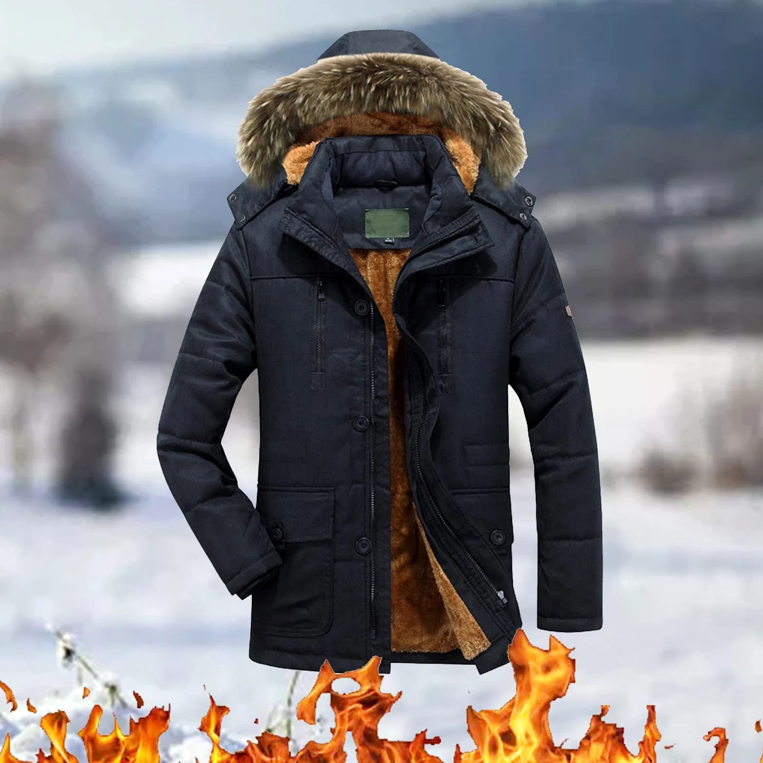 Chaqueta de invierno para hombre de forro polar, parka de invierno, chaqueta de esquí, abrigo de invierno con capucha de piel sintética, abrigo para exteriores, resistente al viento, chaqueta