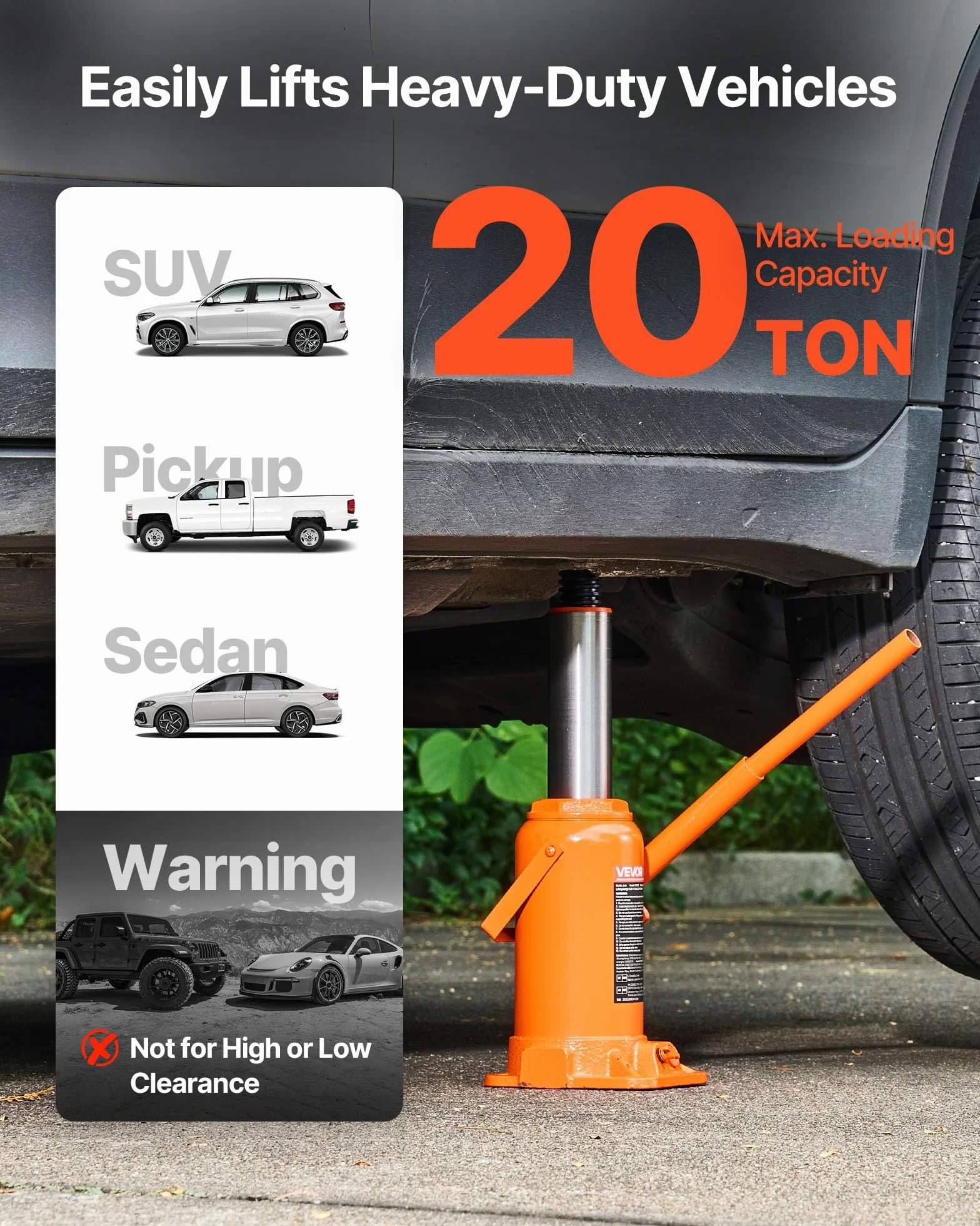 VEVOR Gato Hidráulico de Suelo 20 T, Elevación 225-435 mm, para Coches SUV Camionetas